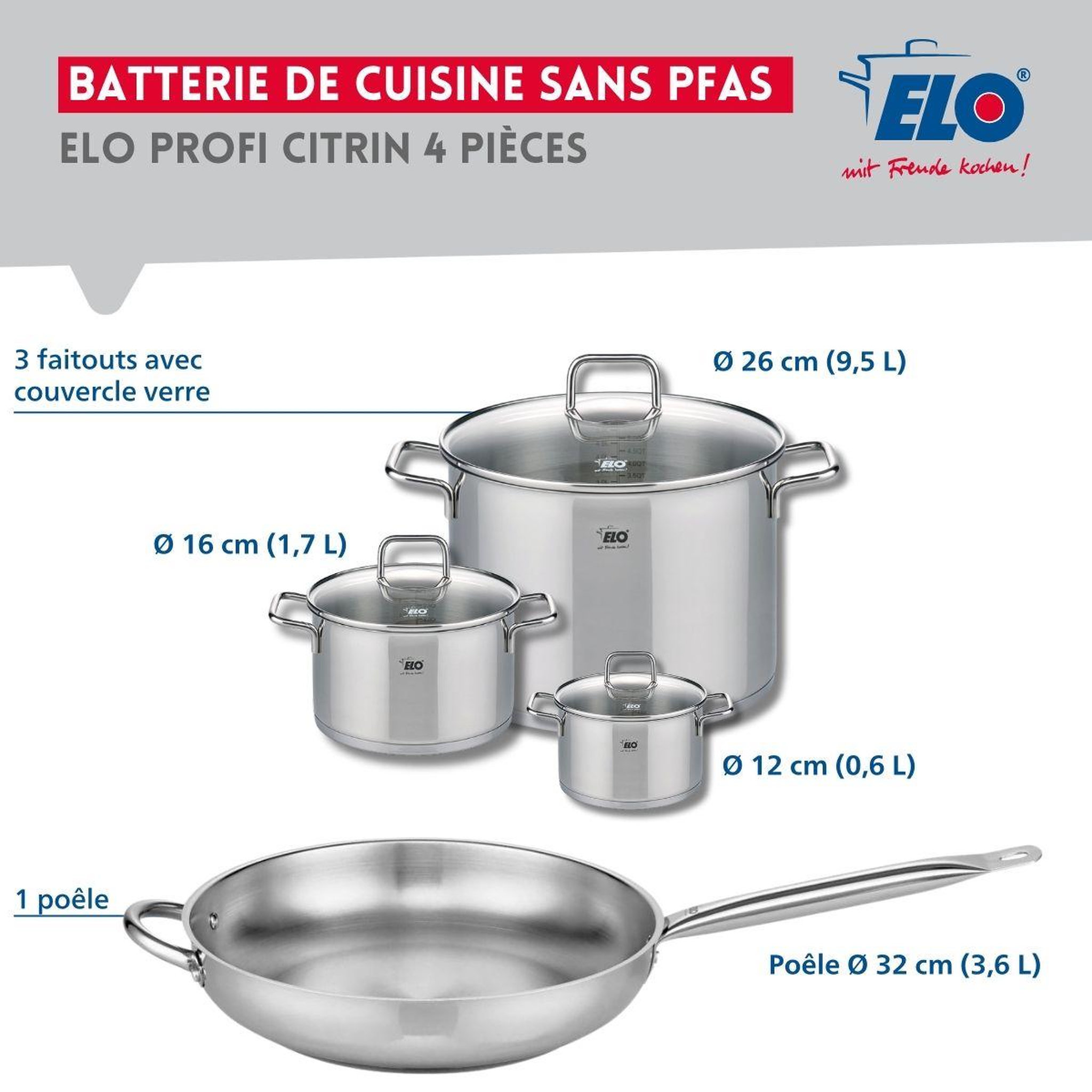 Voir la diapositive 2 : ELO Set de 1 poêle de cuisson 32 cm et 3 faitouts 12, 16 et 26 cm elo profi citrin