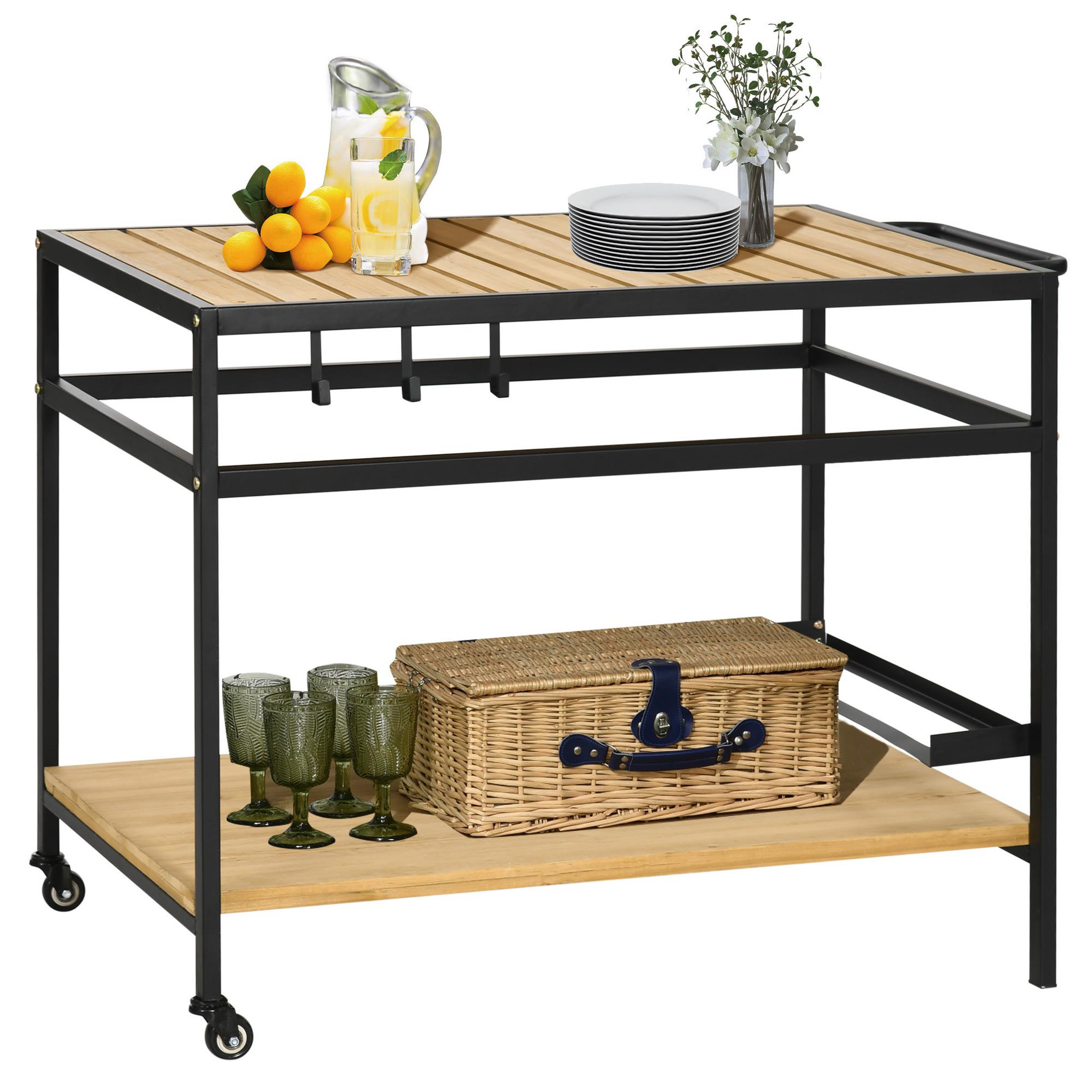OUTSUNNY Desserte de jardin chariot pour plancha barbecue en bois et métal avec 2 étagères et 3 crochets - 107 x 65 x 80 cm noir naturel