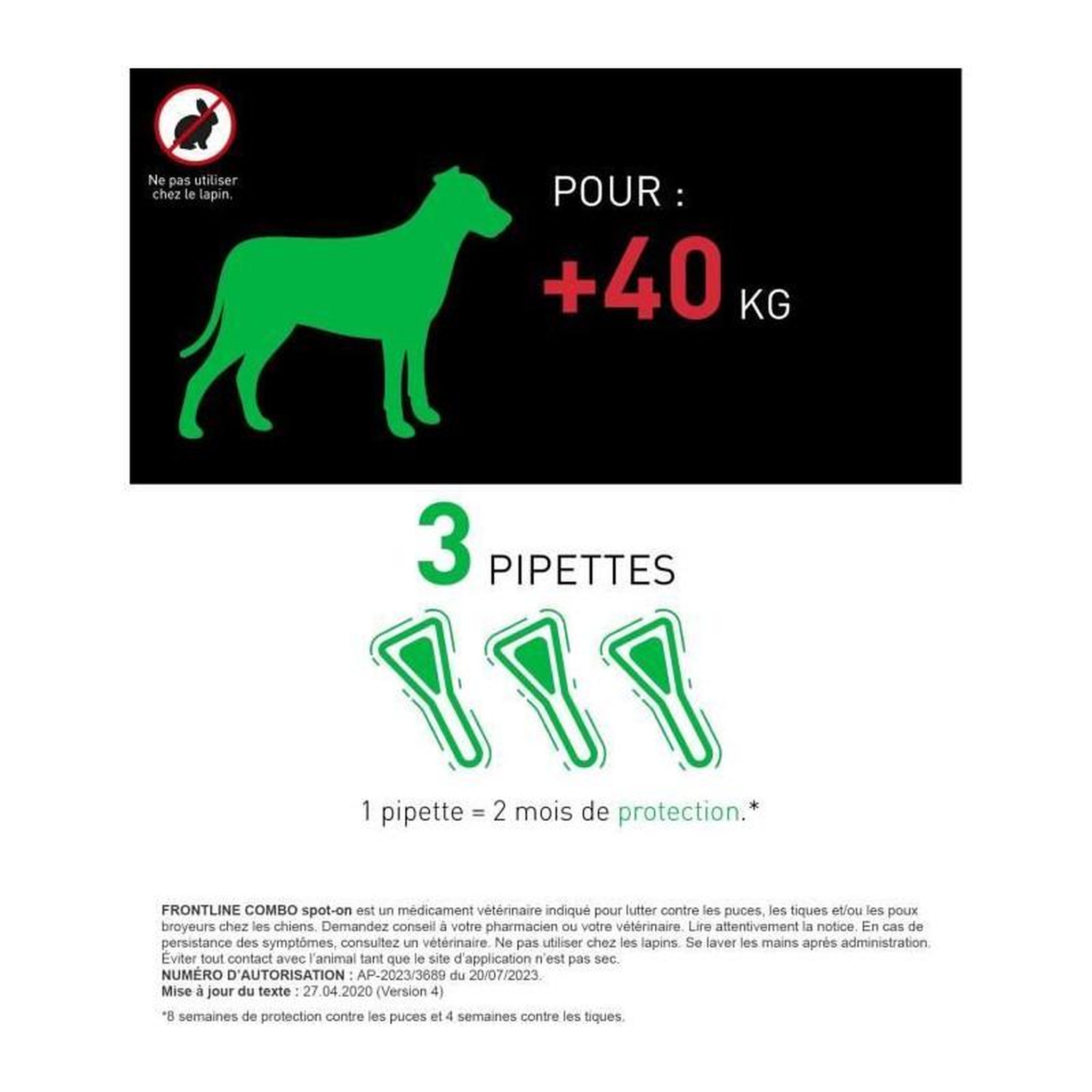 Voir la diapositive 3 : Frontline FRONTLINE 3 Pipettes antiparasitaires COMBO Chien  40 kg - Puces, tiques, poux broyeurs