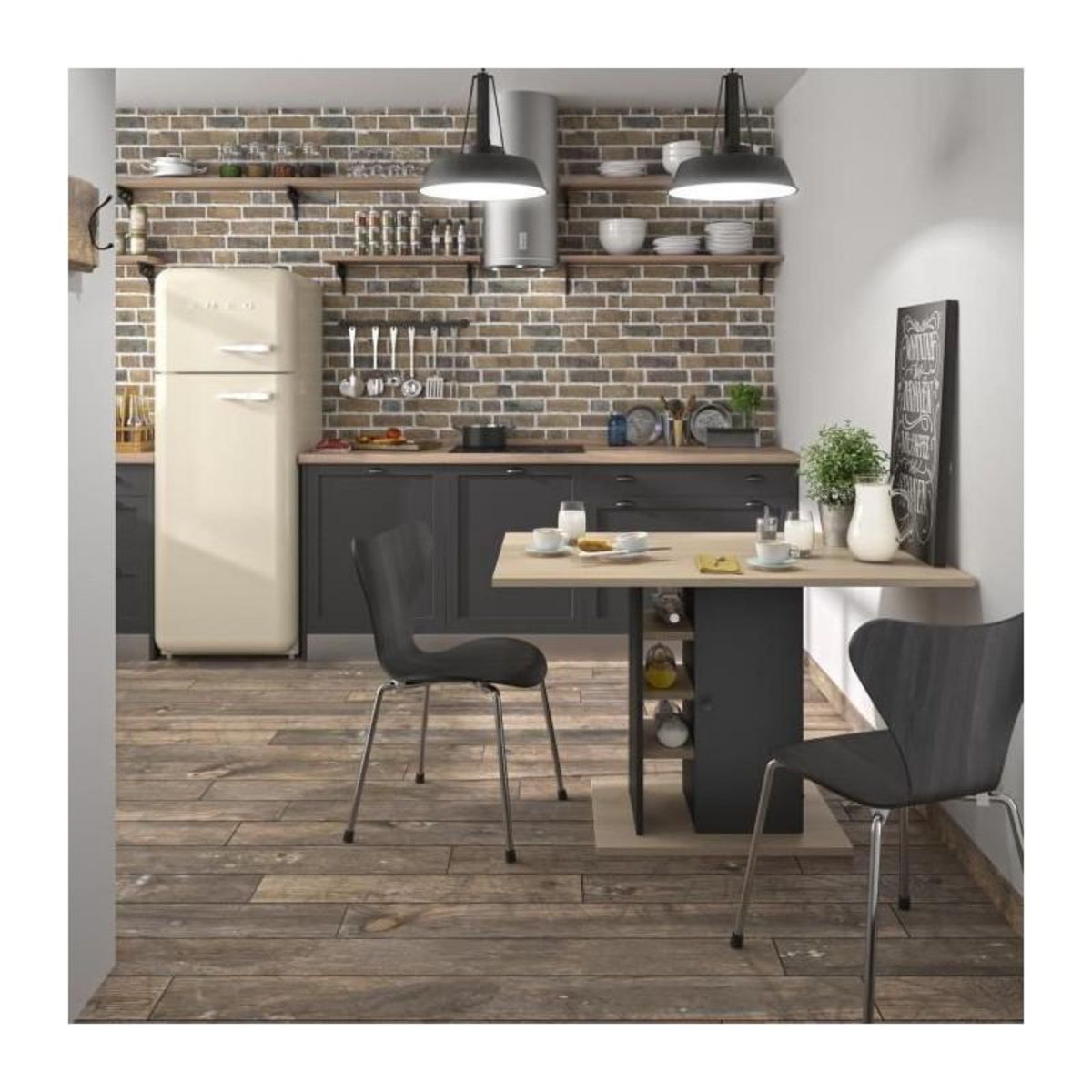 GAMI Table a manger rectangulaire avec rangement 1 porte - Decor chene et noir - L 120 x P 80 x H 75 cm - OXFORD