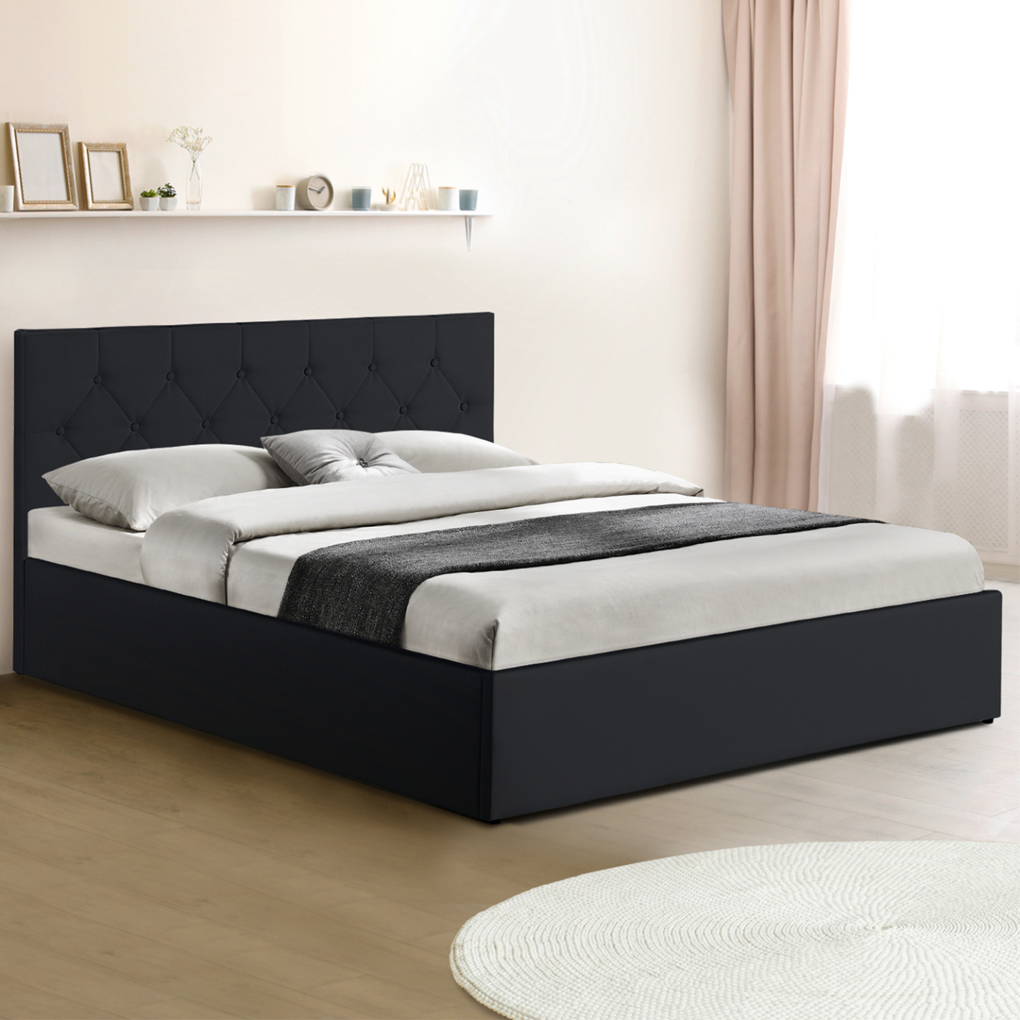 Voir la diapositive 4 : ID MARKET Lit coffre double austin avec tête de lit et sommier 140 x 190 cm pvc noir
