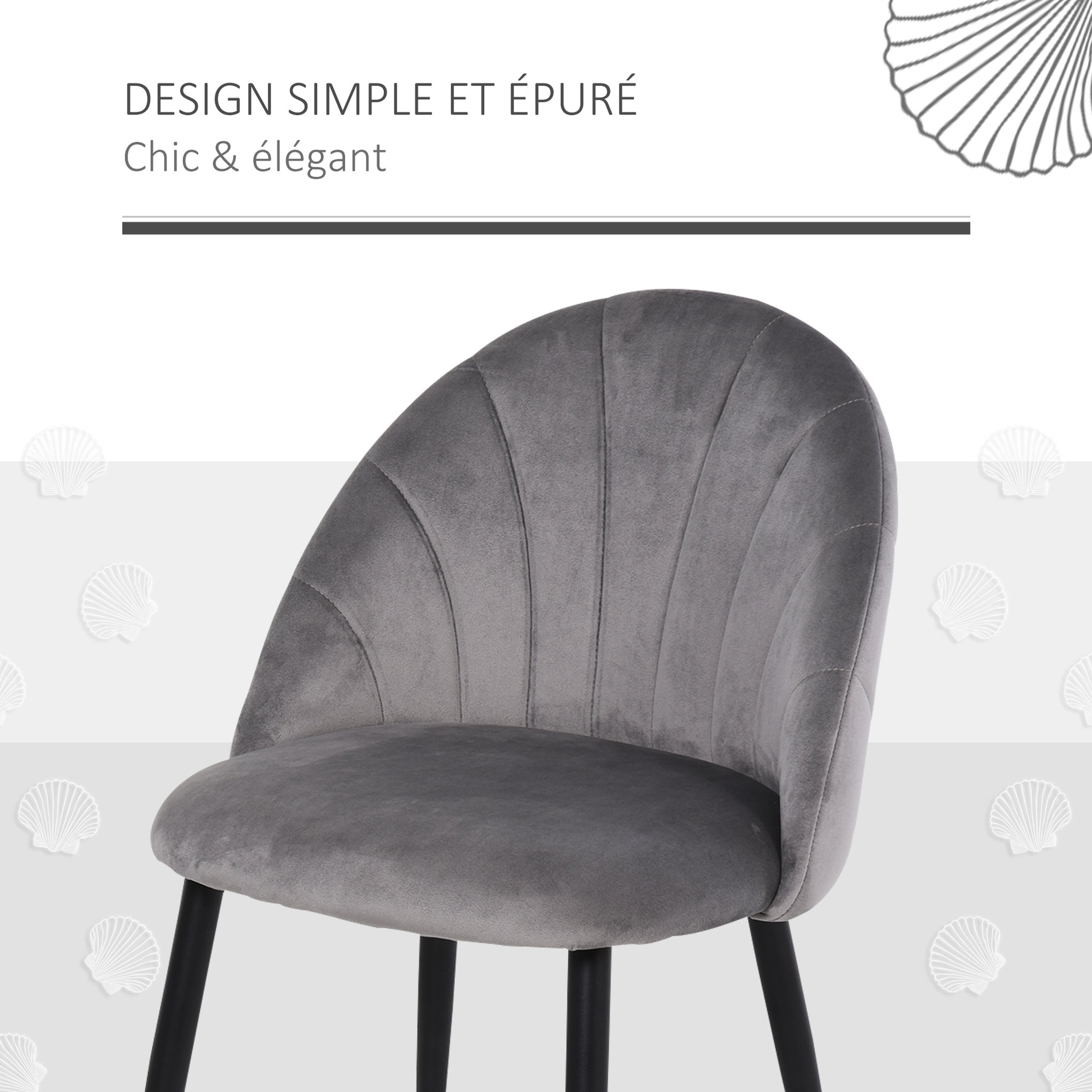 Voir la diapositive 4 : HOMCOM Lot de 2 chaises velours gris pieds métal noir dim. 52L x 54l x 79H cm