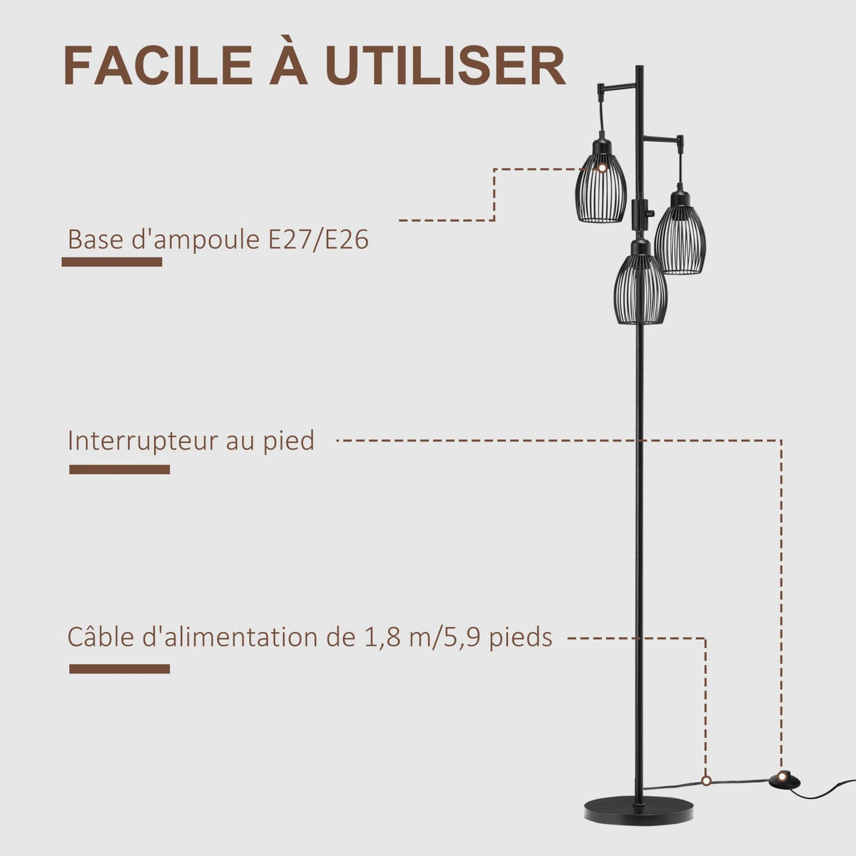 HOMCOM Lampadaire design industriel 3 têtes 40 W max. luminosité réglable métal filaire acier noir