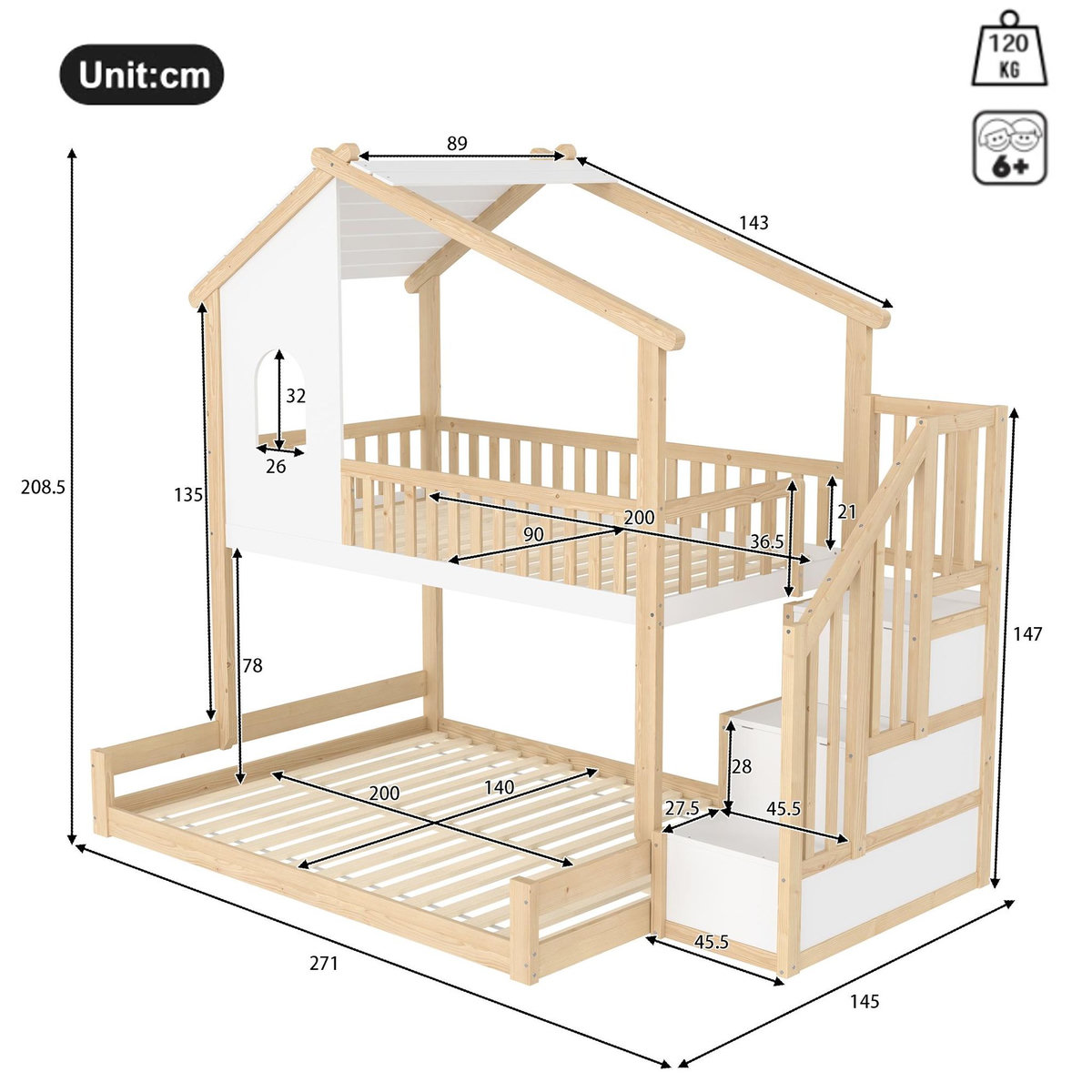 MERAX Lit superposé 140x200(90x200)cm coloris naturel+blanc pin