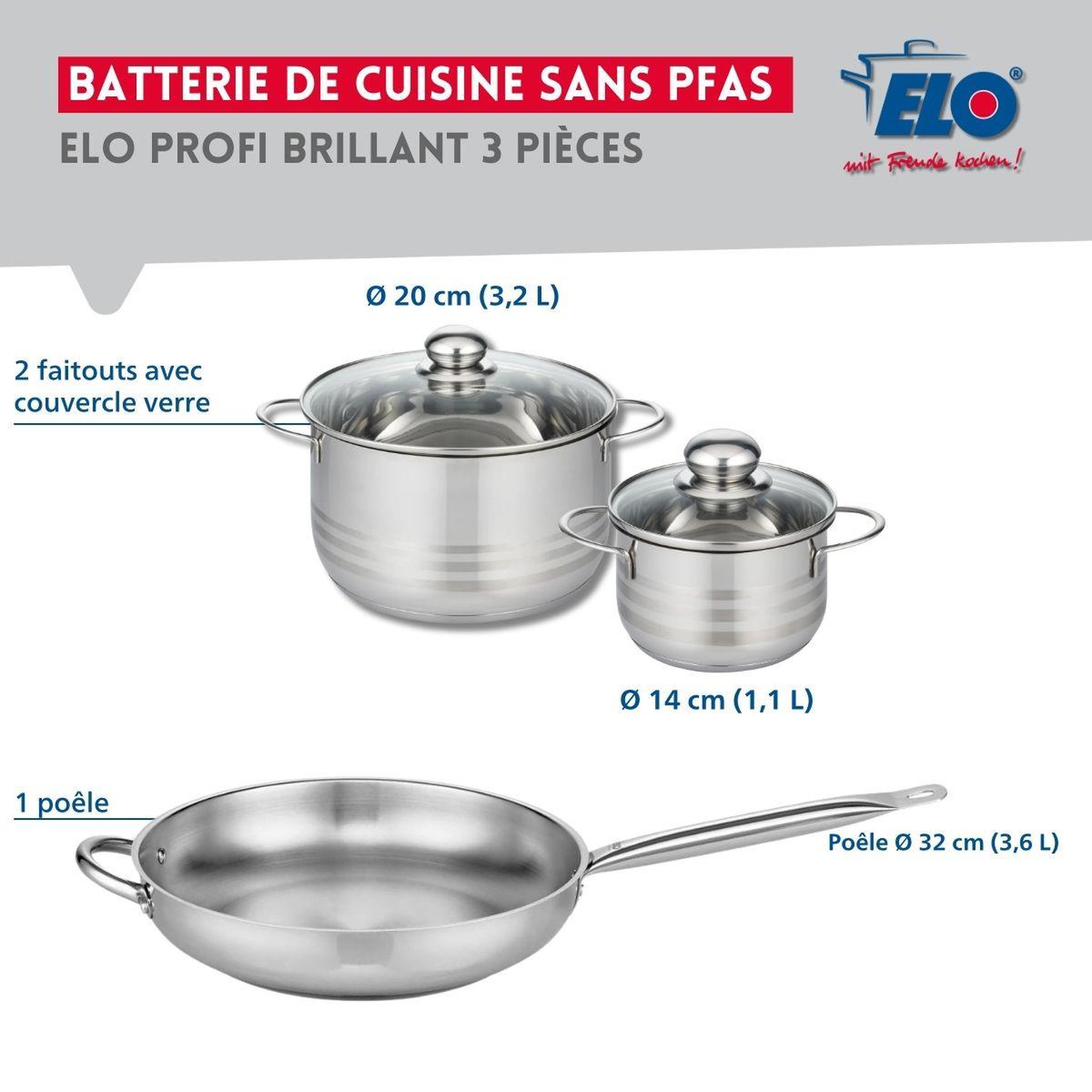 Voir la diapositive 2 : ELO Ensemble de 1 poêle de cuisson 32 cm et 2 faitouts 14 et 20 cm elo profi brillant