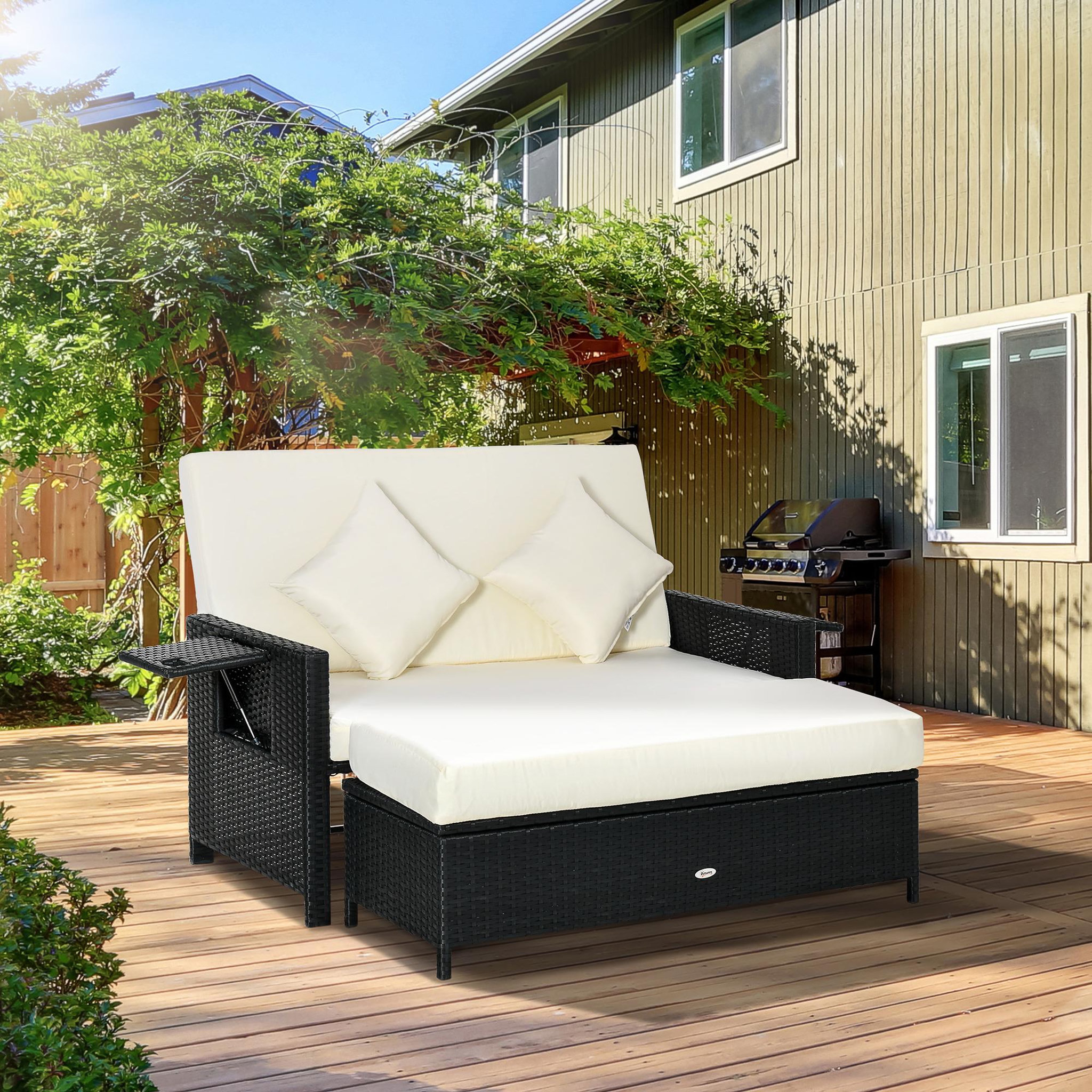 Voir la diapositive 2 : OUTSUNNY Ensemble de jardin 2 places : canapé dossier inclinable tablettes coffre matelas et coussins intégrées + repose-pieds résine tressée 4 fils noire polyester crème