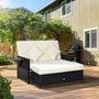Voir la diapositive 2 : OUTSUNNY Ensemble de jardin 2 places : canapé dossier inclinable tablettes coffre matelas et coussins intégrées + repose-pieds résine tressée 4 fils noire polyester crème