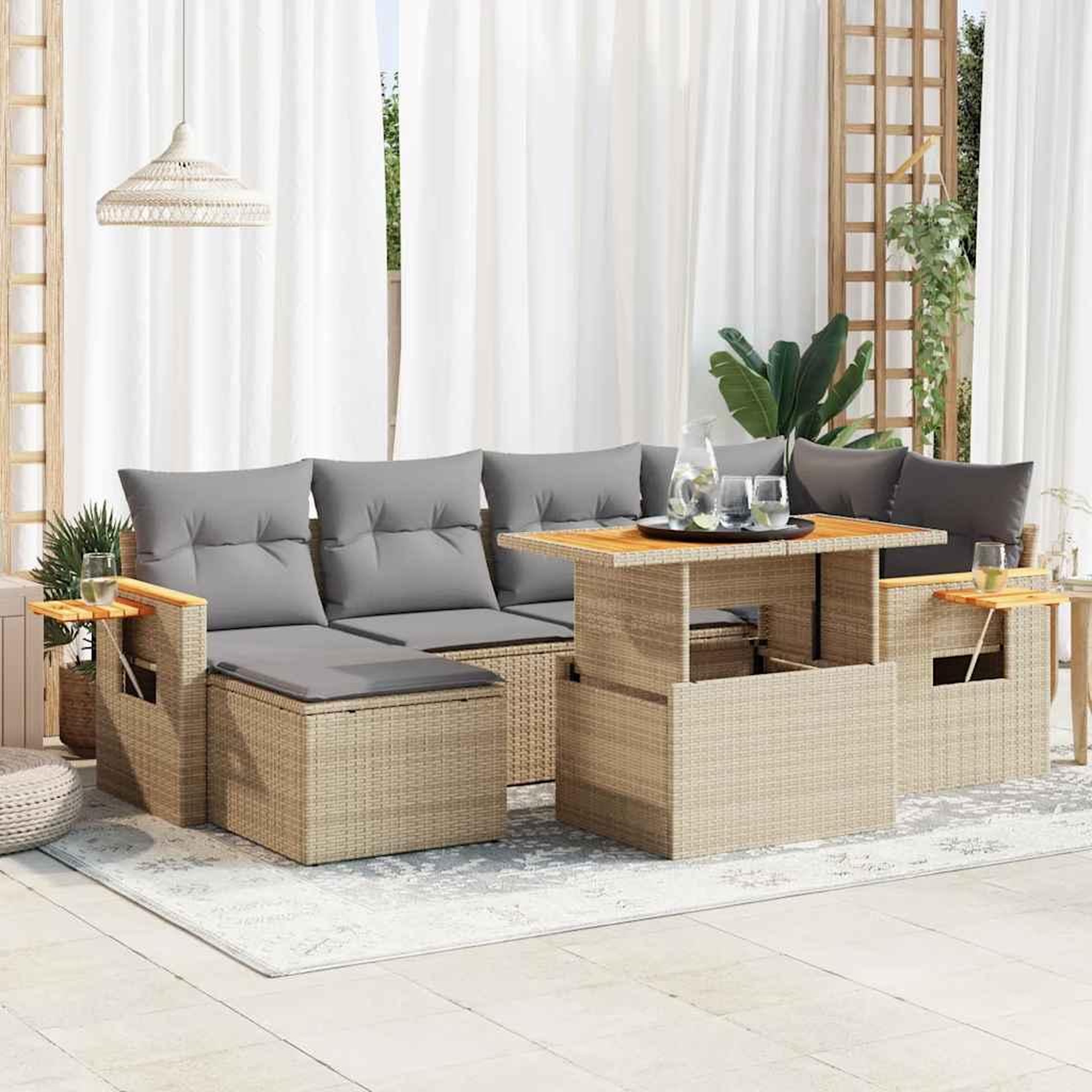 VIDAXL Salon de jardin avec coussins 7 pcs beige resine tressee acacia
