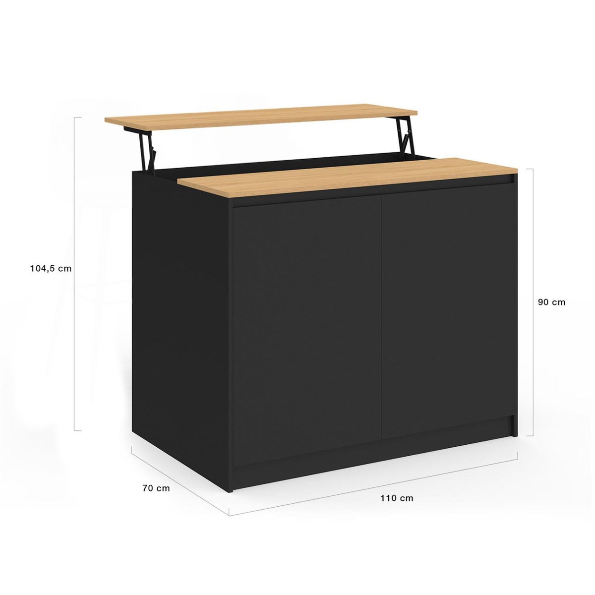 ID MARKET Ilot central CESAR 110 cm avec tablette relevable rectangulaire bois noir et façon hêtre