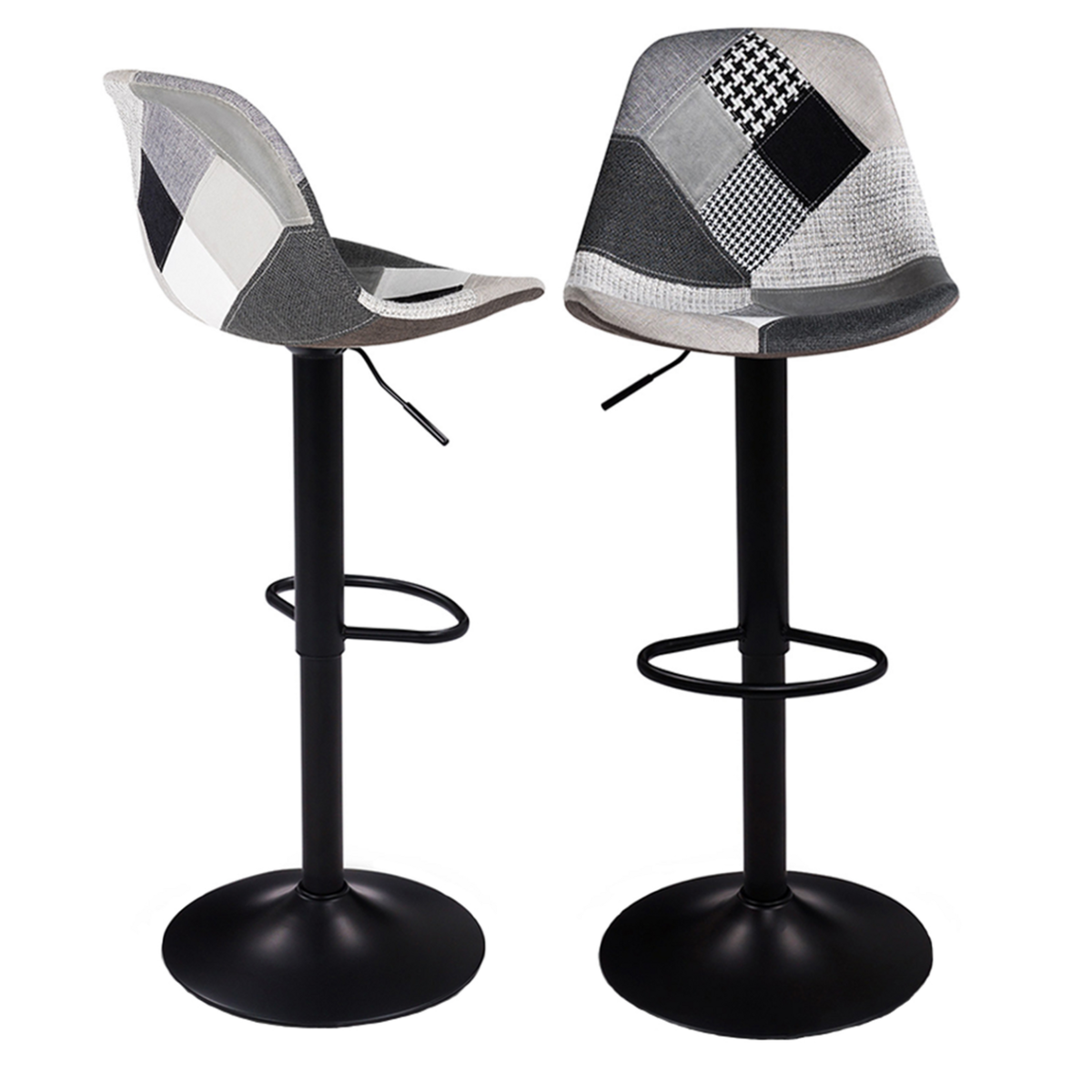 ID MARKET Lot de 2 tabourets de bar KARL design patchworks noirs, gris et blancs pied noir