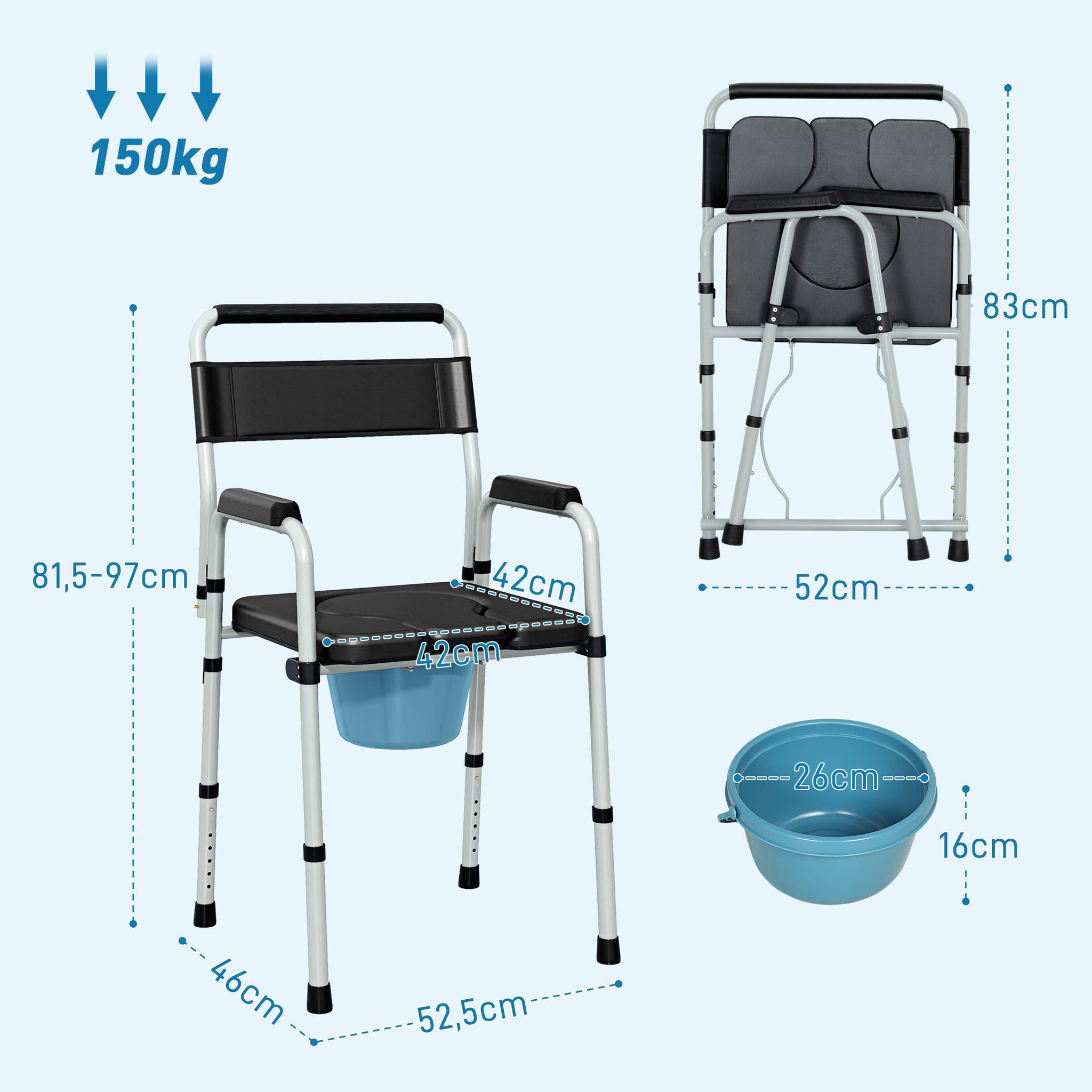 Voir la diapositive 3 : HOMCOM Chaise percée toilette pliable hauteur réglable - seau amovible - siège, accoudoirs rembourrés - max. 150 Kg - acier gris noir