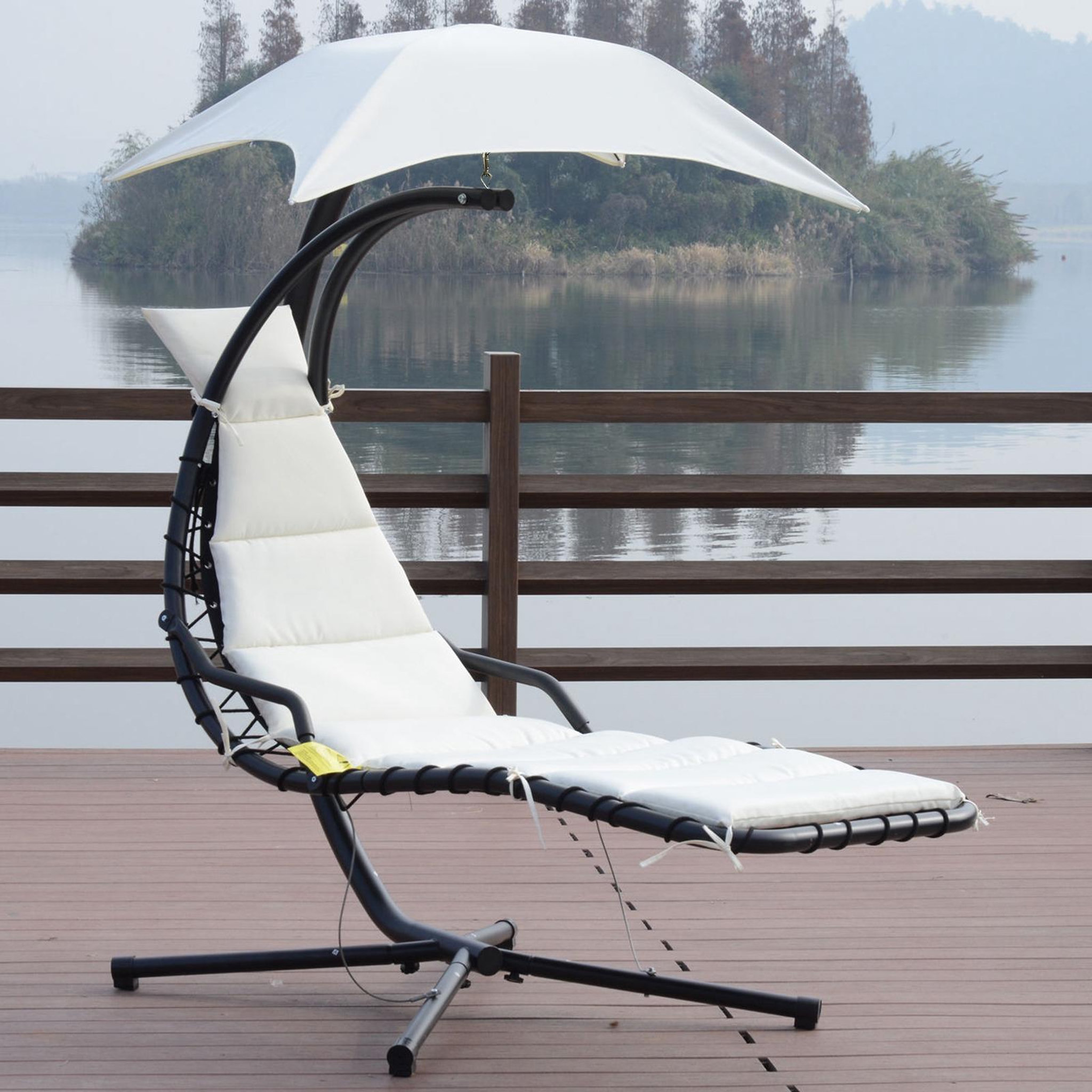 Voir la diapositive 2 : OUTSUNNY Bain de soleil transat suspendu avec pare-soleil et matelas design contemporain 190L x 115l x 190H cm acier polyester crème noir