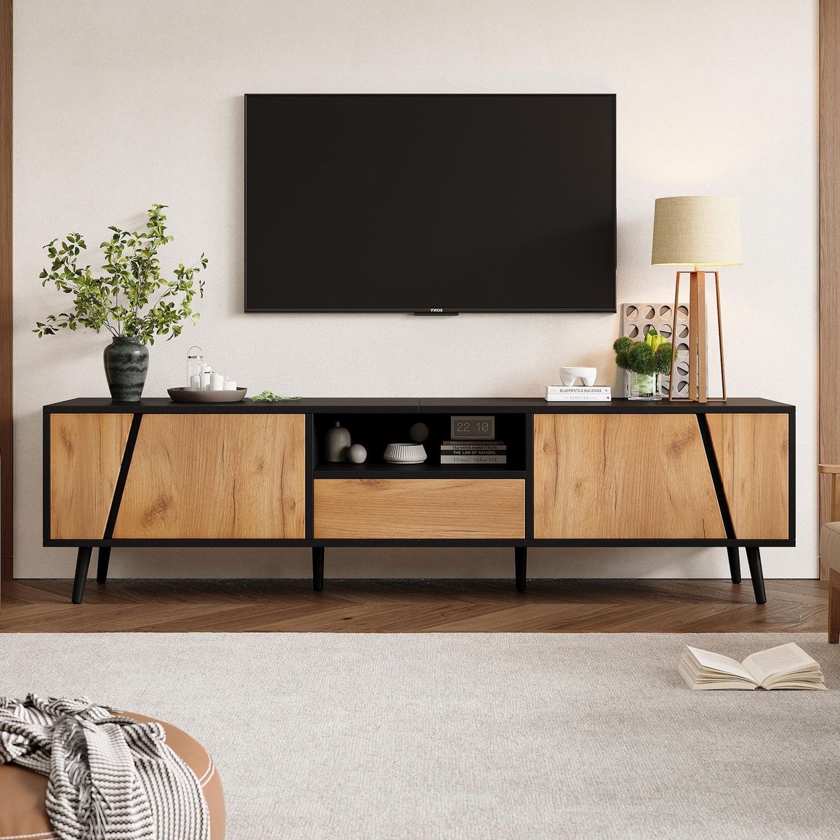 MERAX Meuble tv noir+naturel 180cm panneau de particules