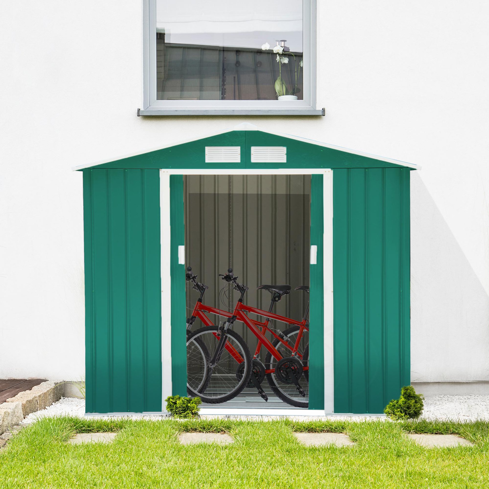 Voir la diapositive 2 : OUTSUNNY Abri de jardin - remise pour outils - cabanon porte verrouillable - dim. 213L x 130l x 185H cm - tôle d'acier vert