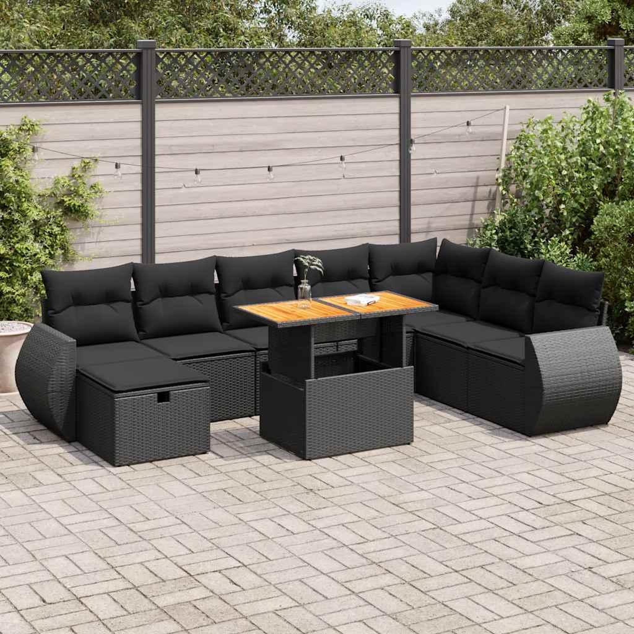 VIDAXL Salon de jardin avec coussins 9 pcs noir resine tressee acacia