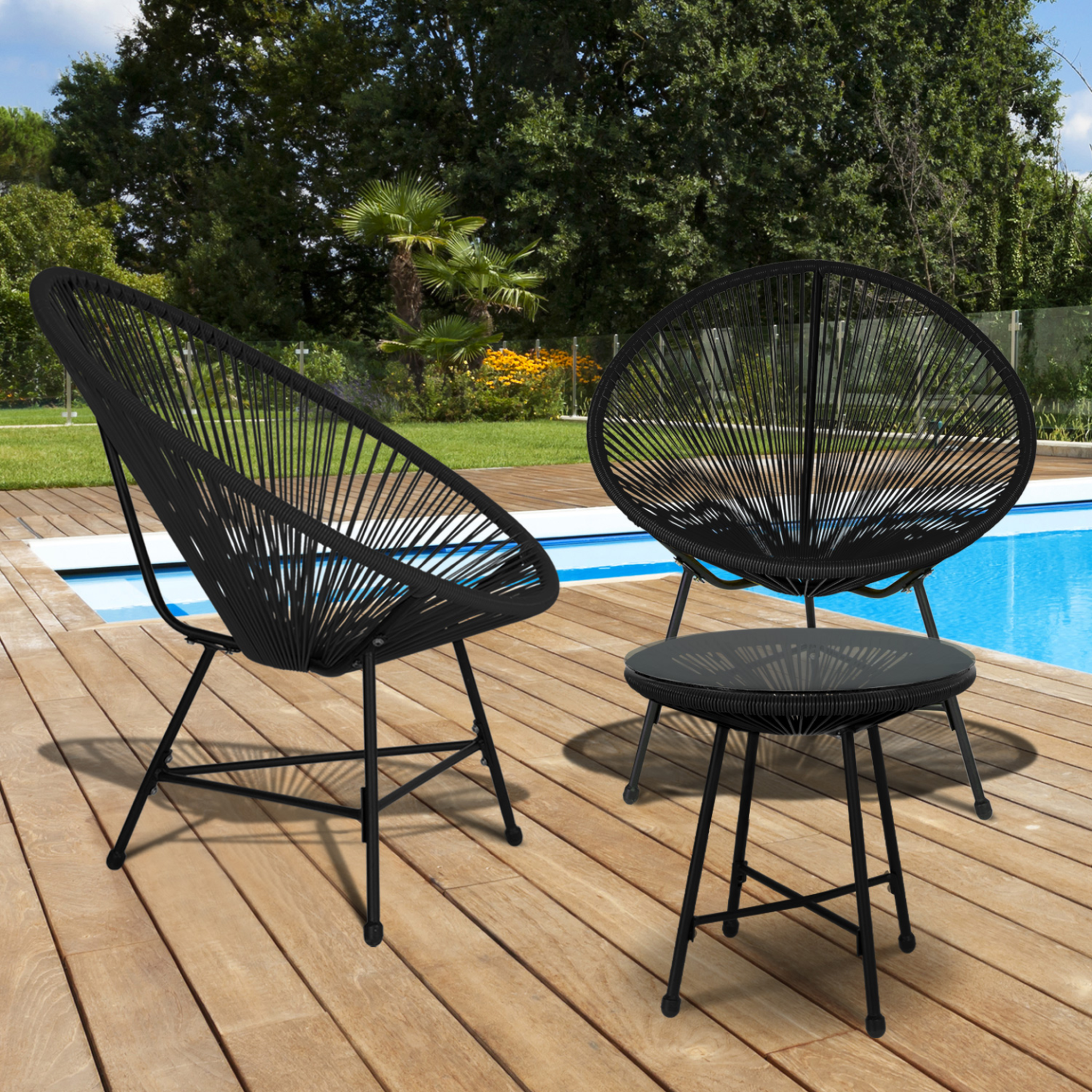 Voir la diapositive 2 : ID MARKET Salon de jardin izmir table et 2 fauteuils oeuf cordage noir