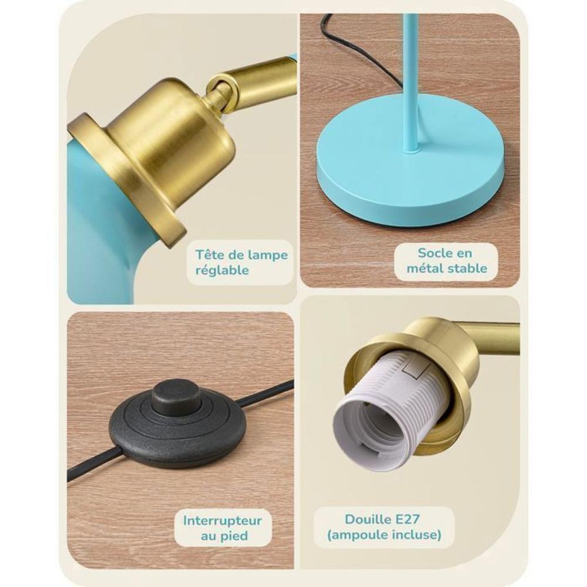 Voir la diapositive 5 : Lampadaire industriel 155 cm bleu clair abat-jour métal tête orientable 350° 2700 K E27 avec ampoule LED