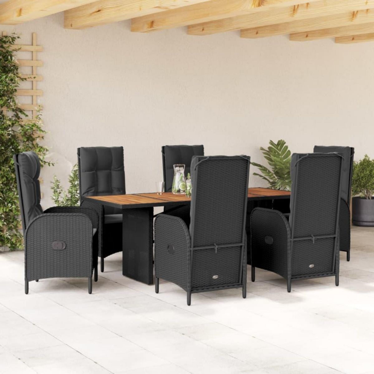 VIDAXL Ensemble a manger de jardin coussins 7pcs Noir Resine tressee