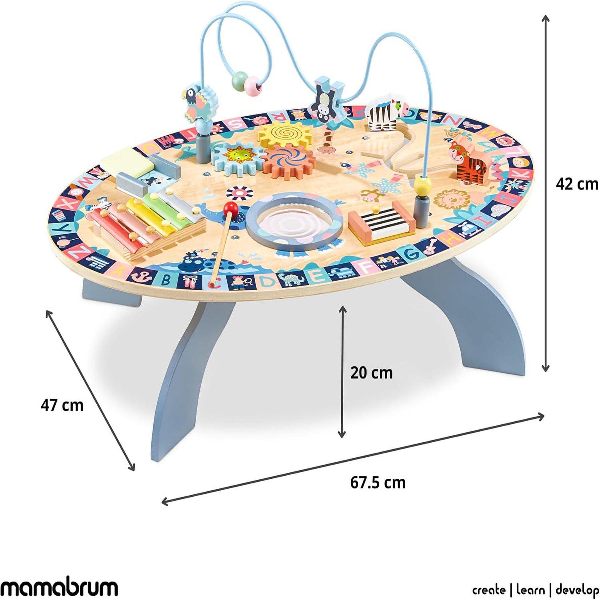 Voir la diapositive 3 : MAMABRUM Table D'activités Enfant +6 mois en Bois, Eveil Music: cymbales, tambour, labyrinthe