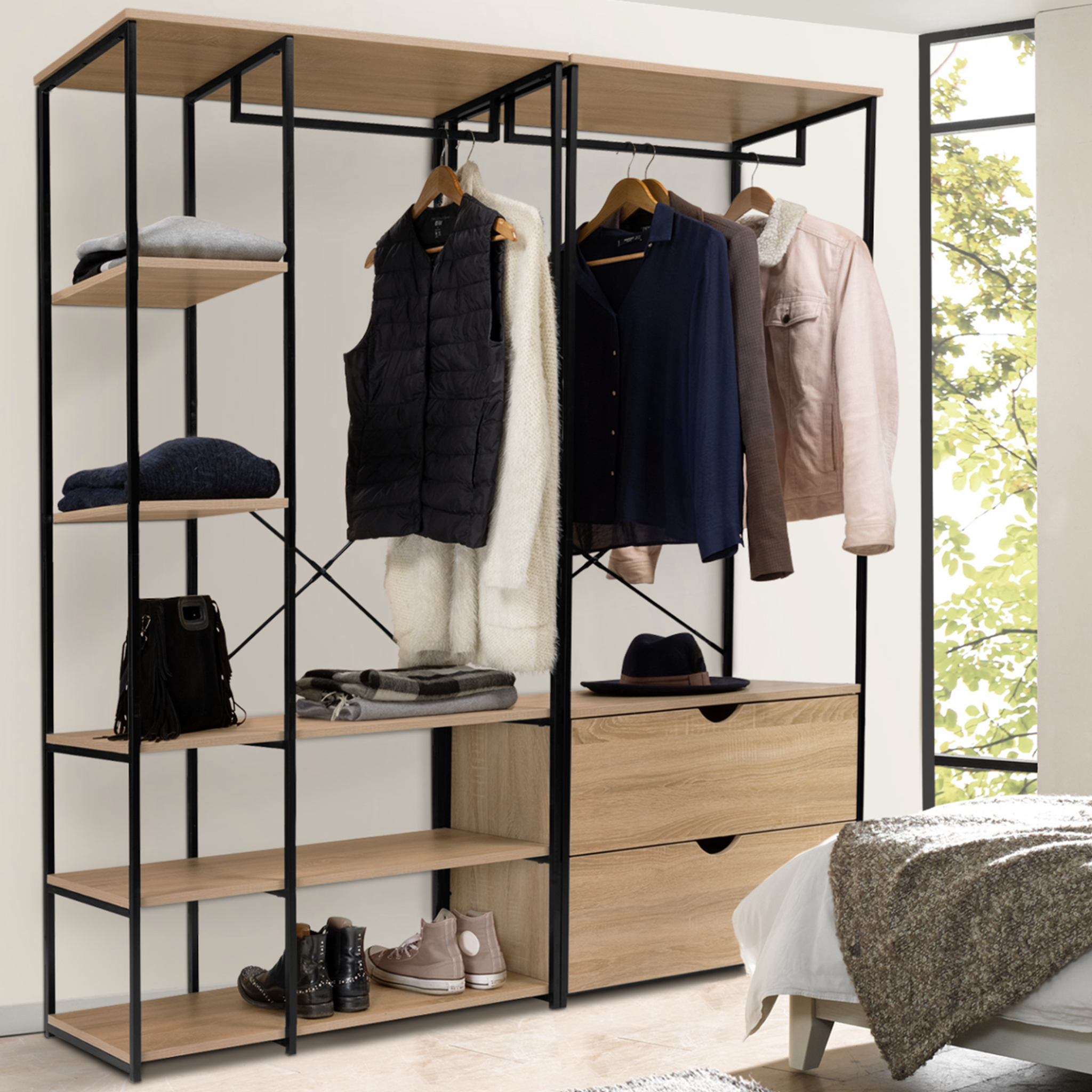 Voir la diapositive 2 : ID MARKET Dressing modulable double penderie étagères et 2 tiroirs DETROIT design industriel