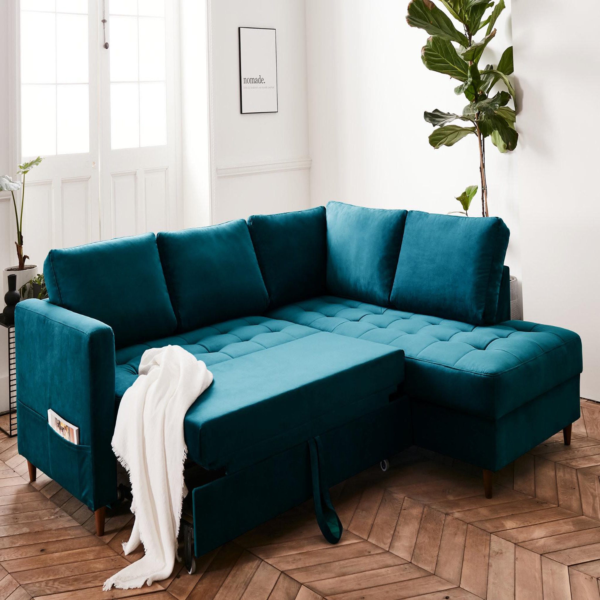 Voir la diapositive 3 : BEST MOBILIER Anna - canapé d'angle droit - 5 places - convertible - en velours