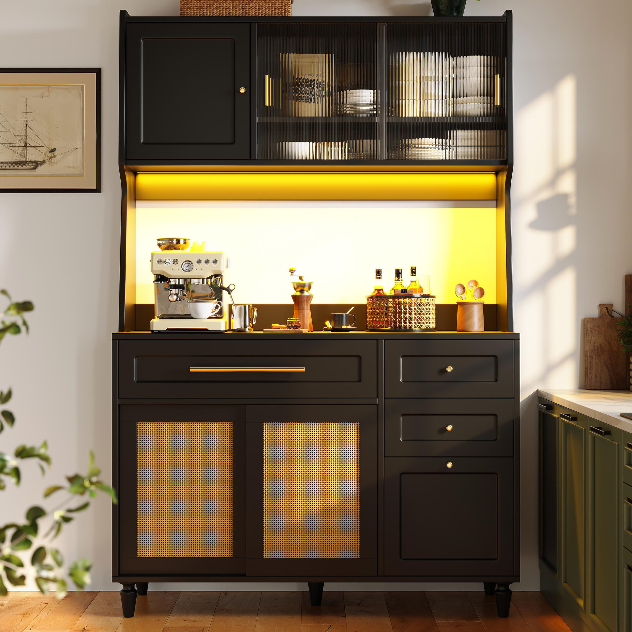 Voir la diapositive 2 : MERAX Buffet de cuisine 6 portes 3 tiroirs - 120 cm noir led mdf et panneau de particules