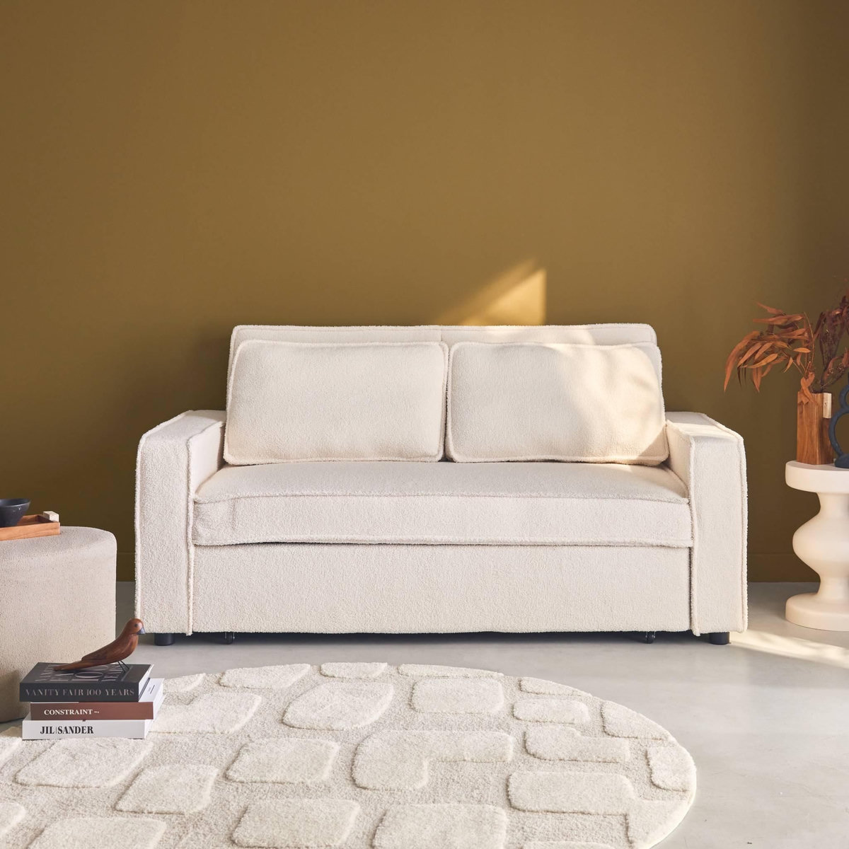 SWEEEK Canapé convertible 3 places bouclette blanc crème