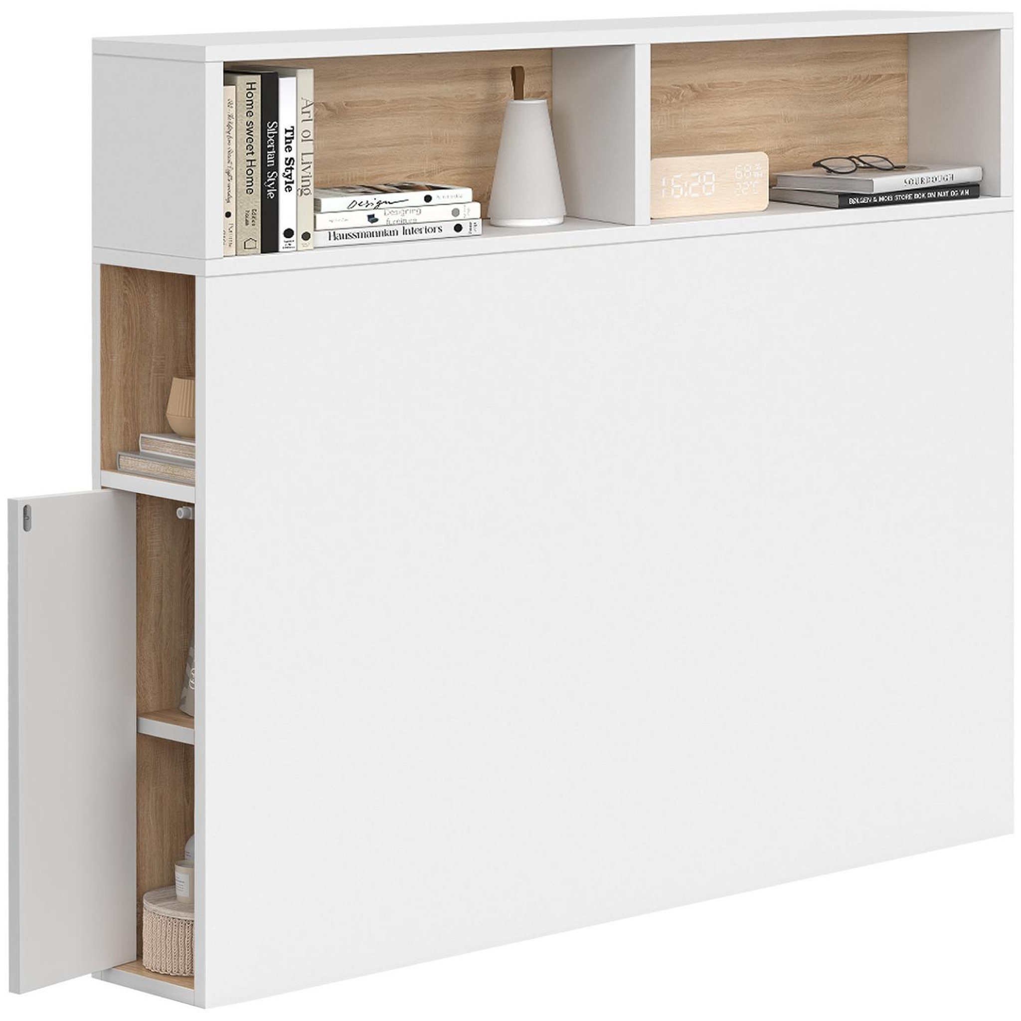 ID MARKET Tête de lit sur pied CLEO 95 cm avec rangements fermés et niches blanc et façon hêtre