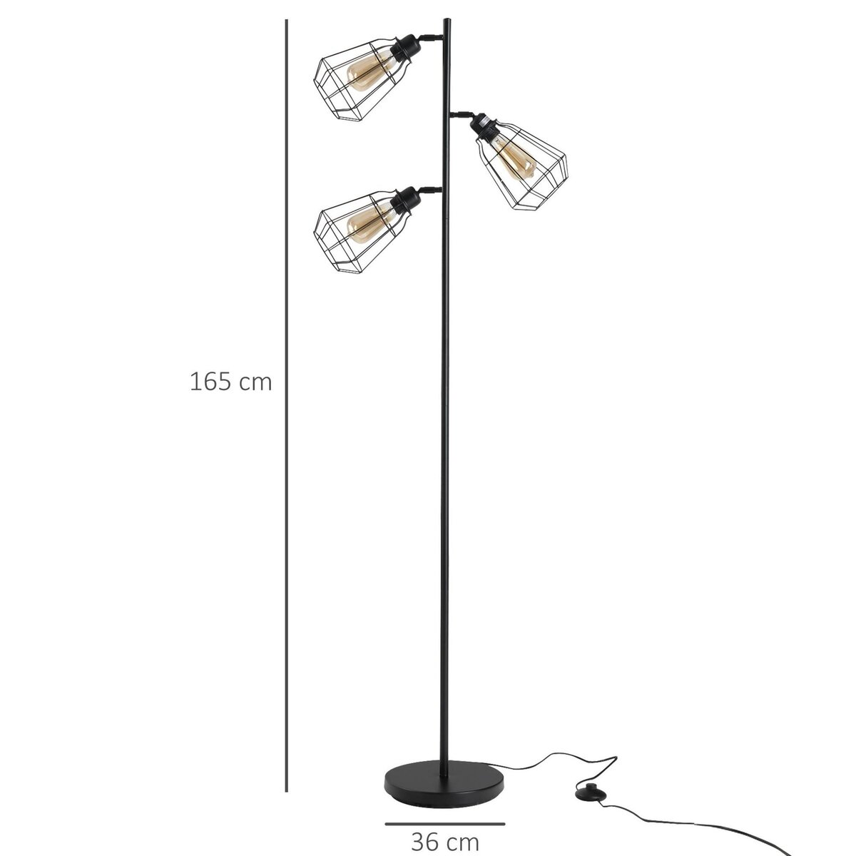 HOMCOM Lampadaire design industriel 3 ampoules max. 40 W abat-jour cage métal noir