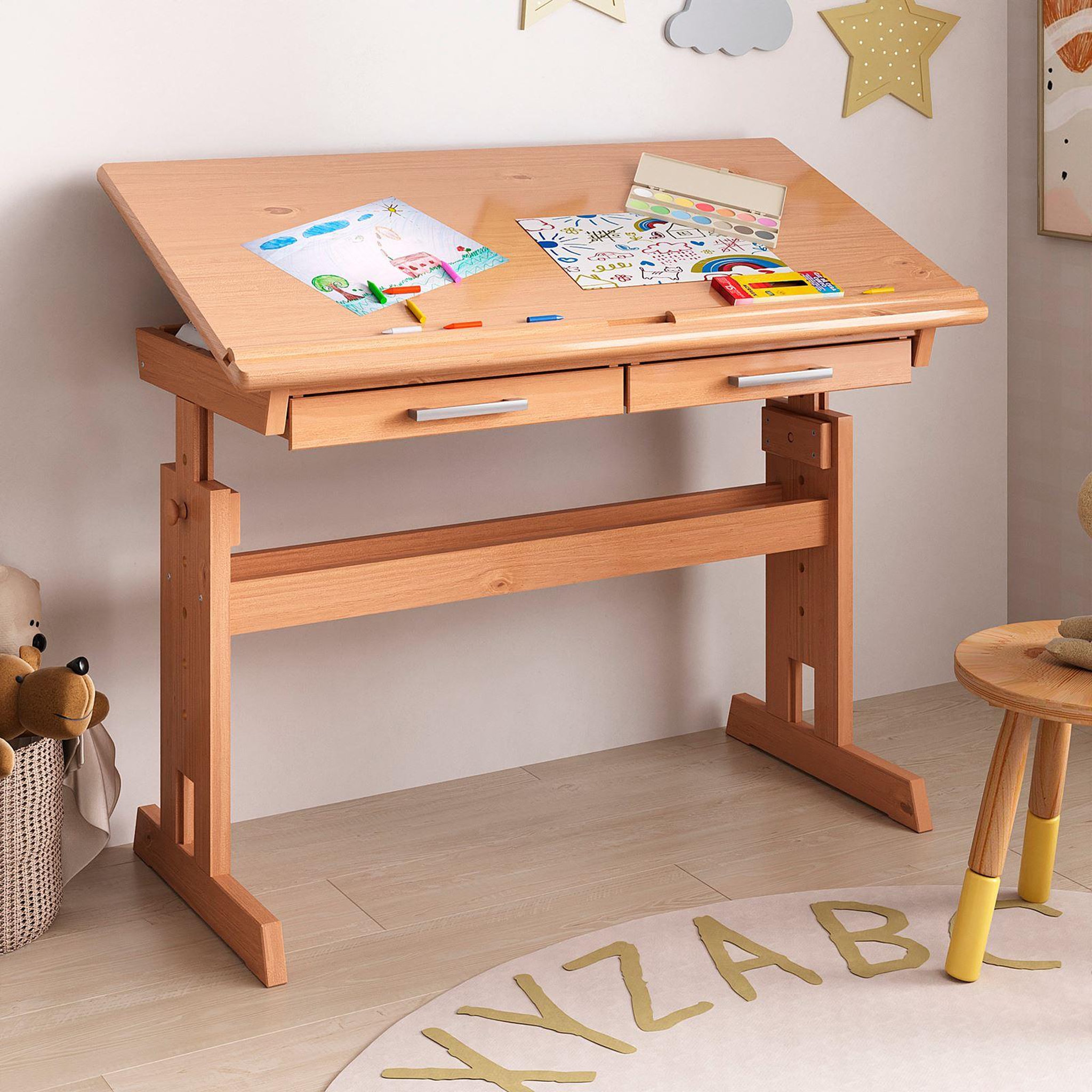 Voir la diapositive 3 : IDIMEX Bureau enfant OLIVIA, en pin massif, réglable en hauteur et plateau inclinable