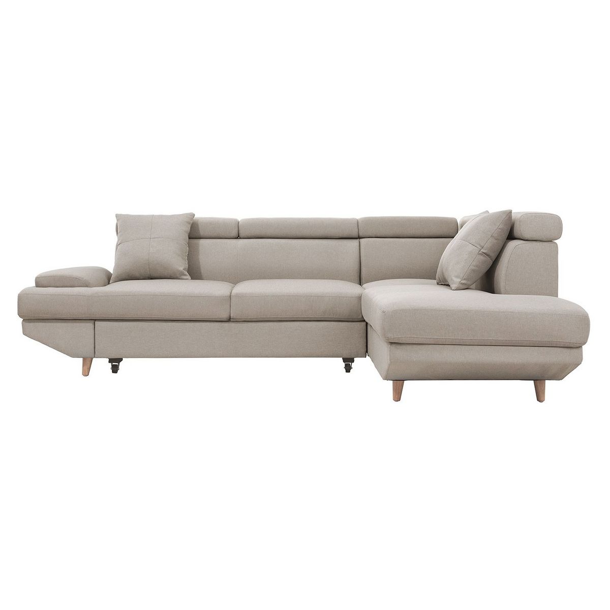 Canapé d'angle droit convertible 5 places tissu pieds bois clair MARIUS 