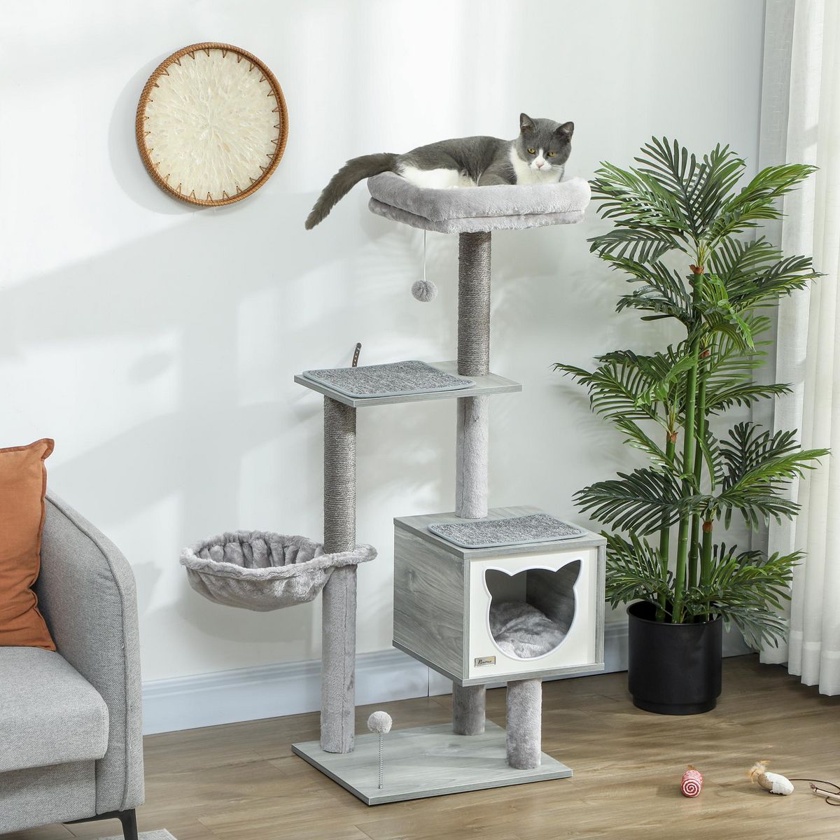 PAWHUT Arbre à chat multi-équipement griffoirs grattoirs niche hamac panier coussins amovibles H126 cm peluche courte sisal naturel gris