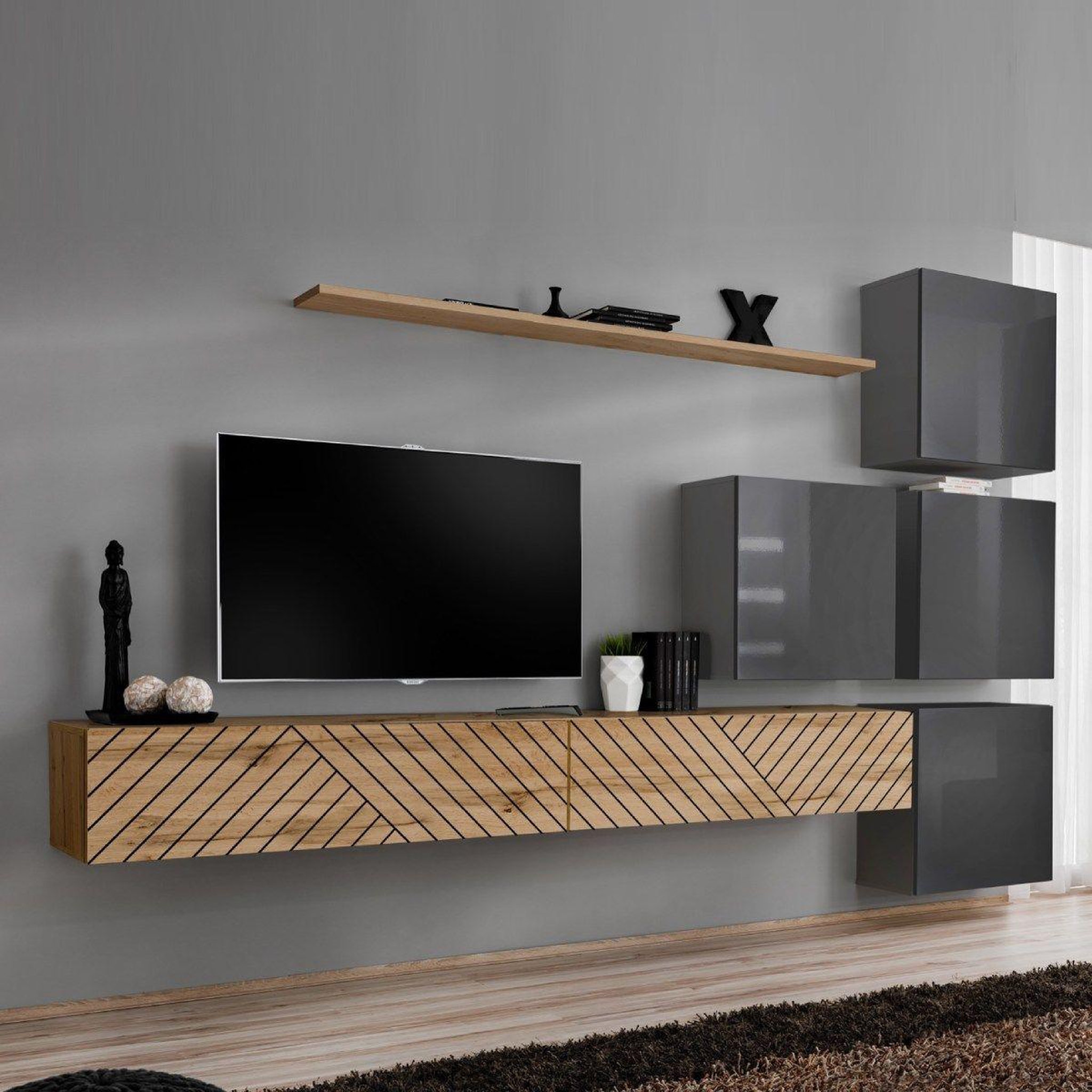 Voir la diapositive 1 : Paris Prix Ensemble Meuble TV  Switch Lamel IX  310cm Naturel & Gris