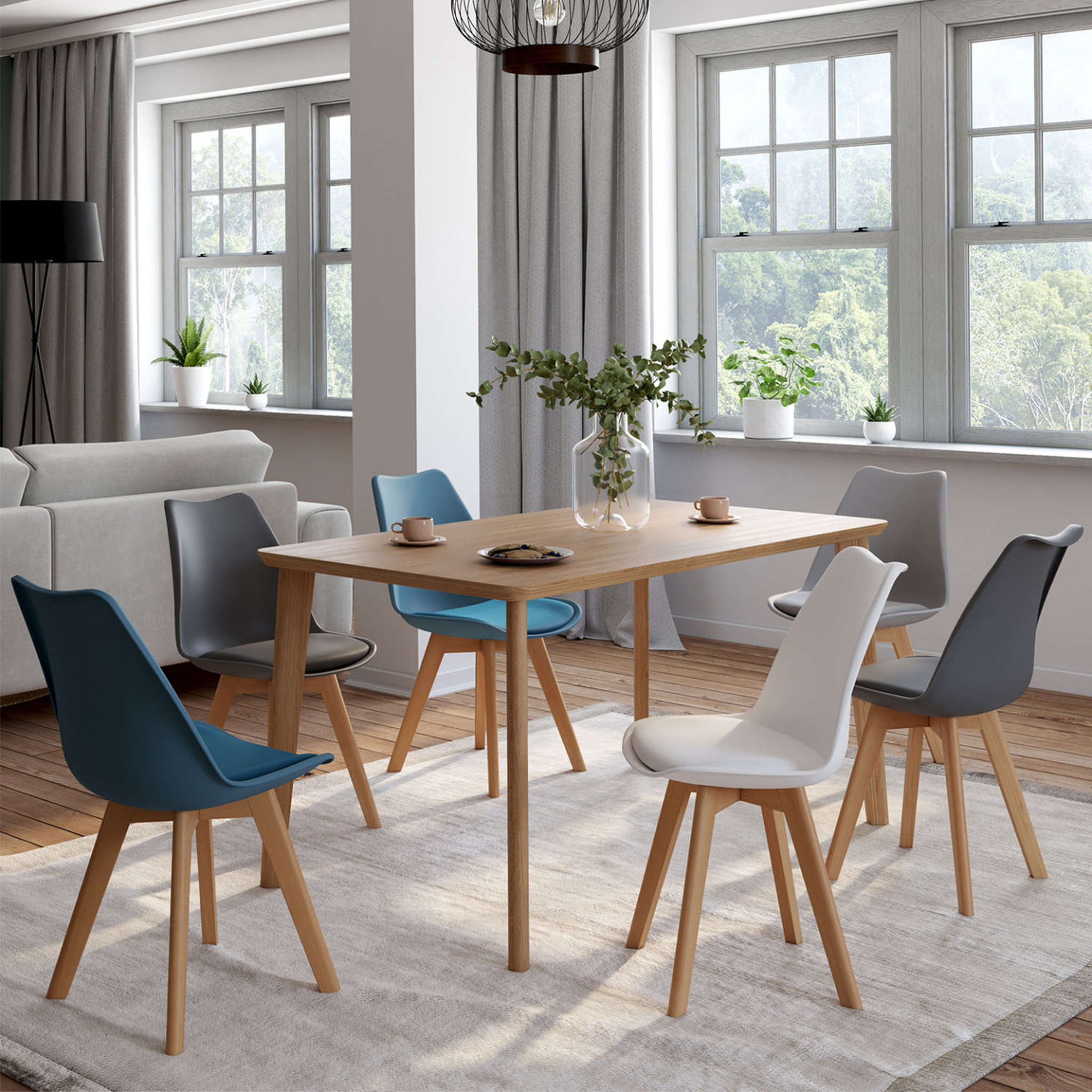 Voir la diapositive 2 : ID MARKET Lot de 6 chaises scandinaves sara mix color blanc, gris clair, bleu canard x2, gris foncé x2