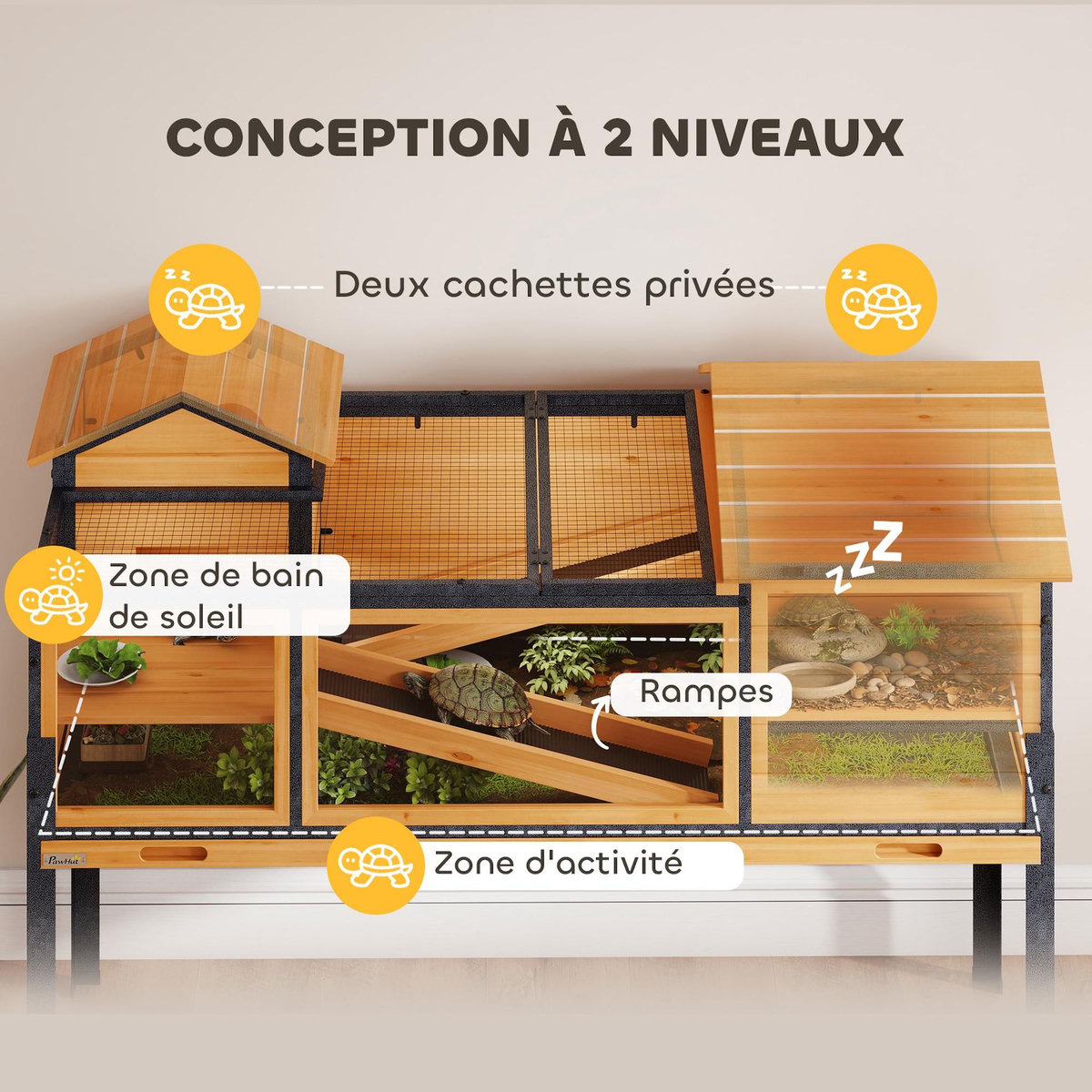 PAWHUT Terrarium design sur pieds - maison pour tortues - niches rampes plateau déjection - acier bois