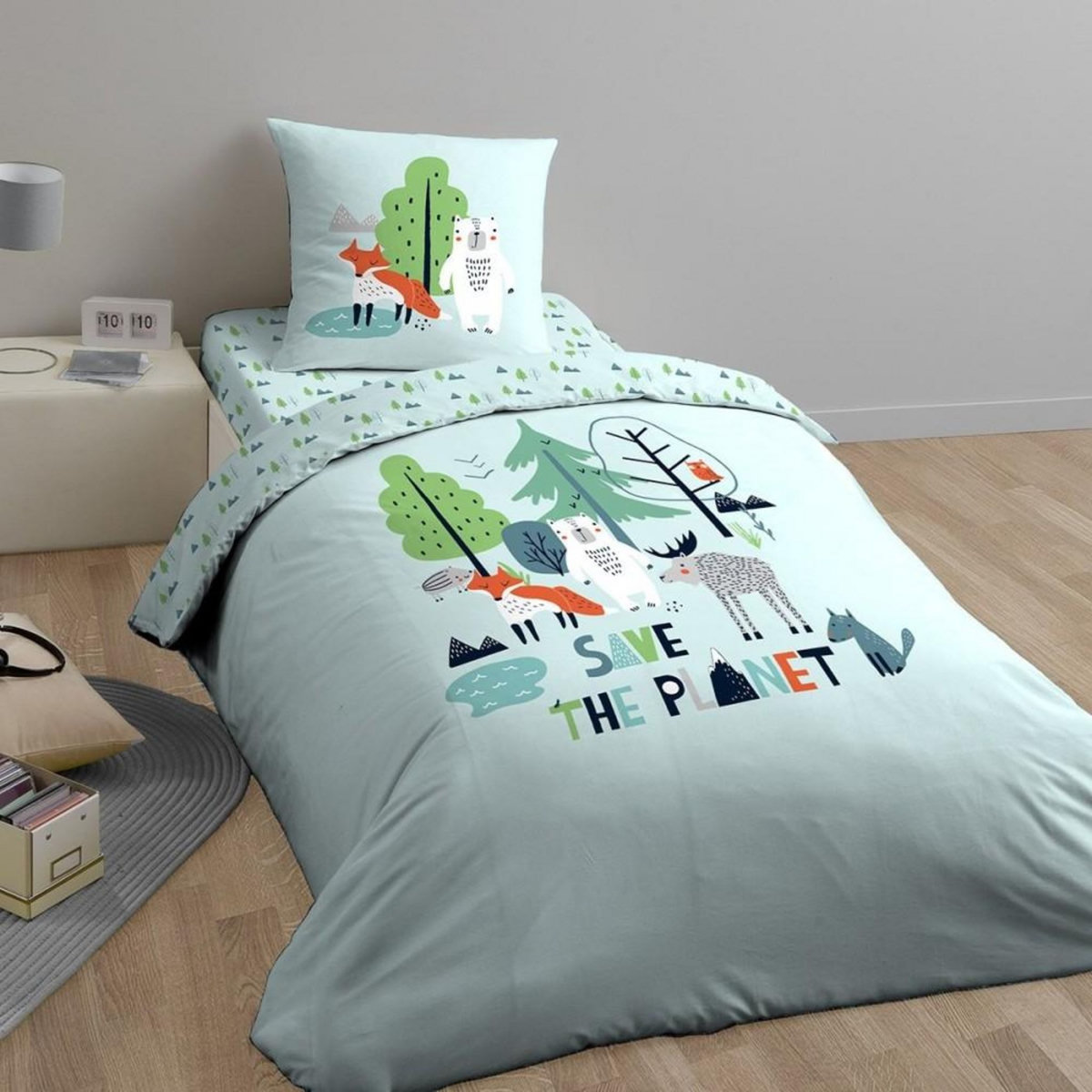 COTE DECO Housse de couette 140x200 Save the planet + taie 100% coton bio 57 fils