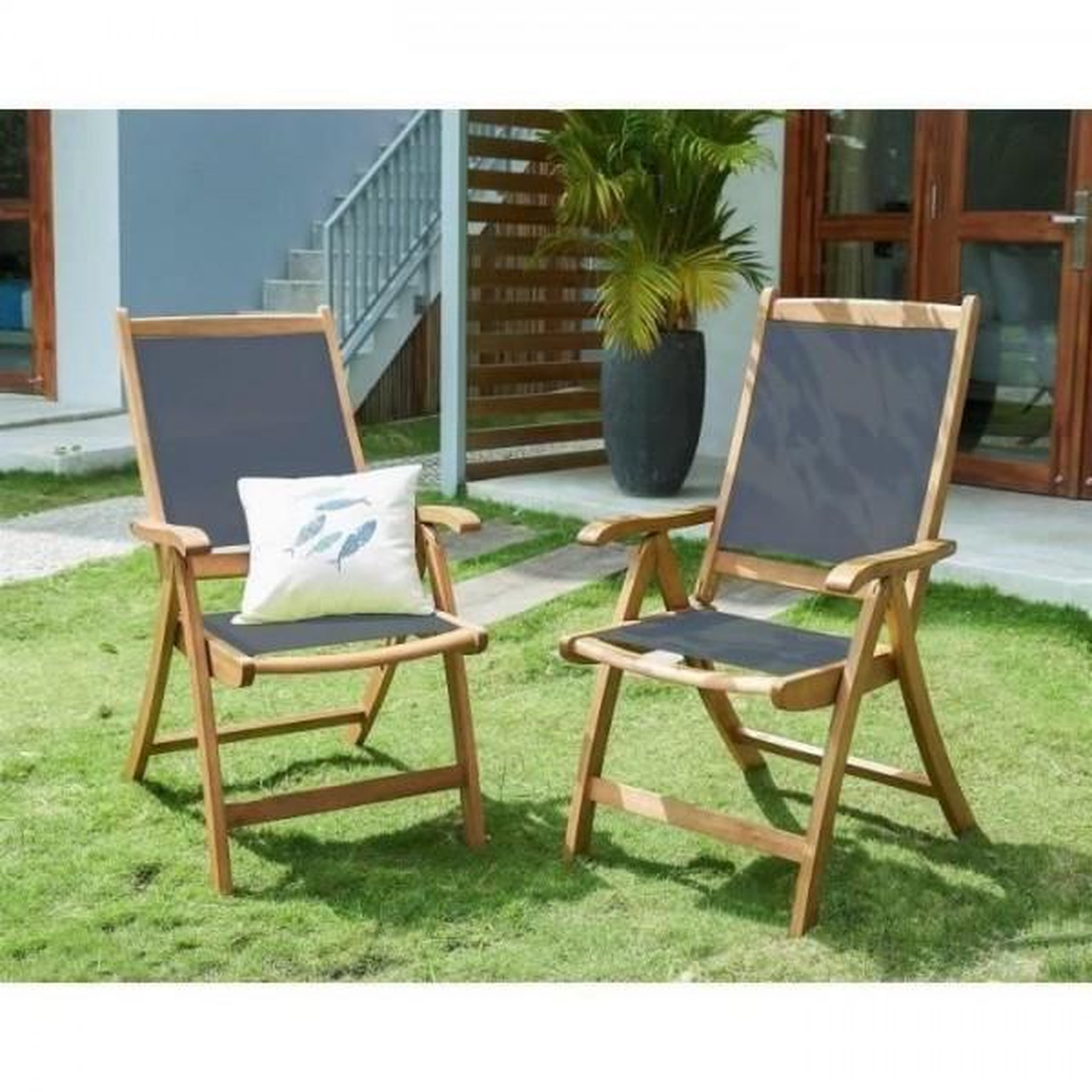 Voir la diapositive 2 : MARKET24 Lot de 2 fauteuils de jardin pliants en bois d'acacia FSC et textilene - Gris