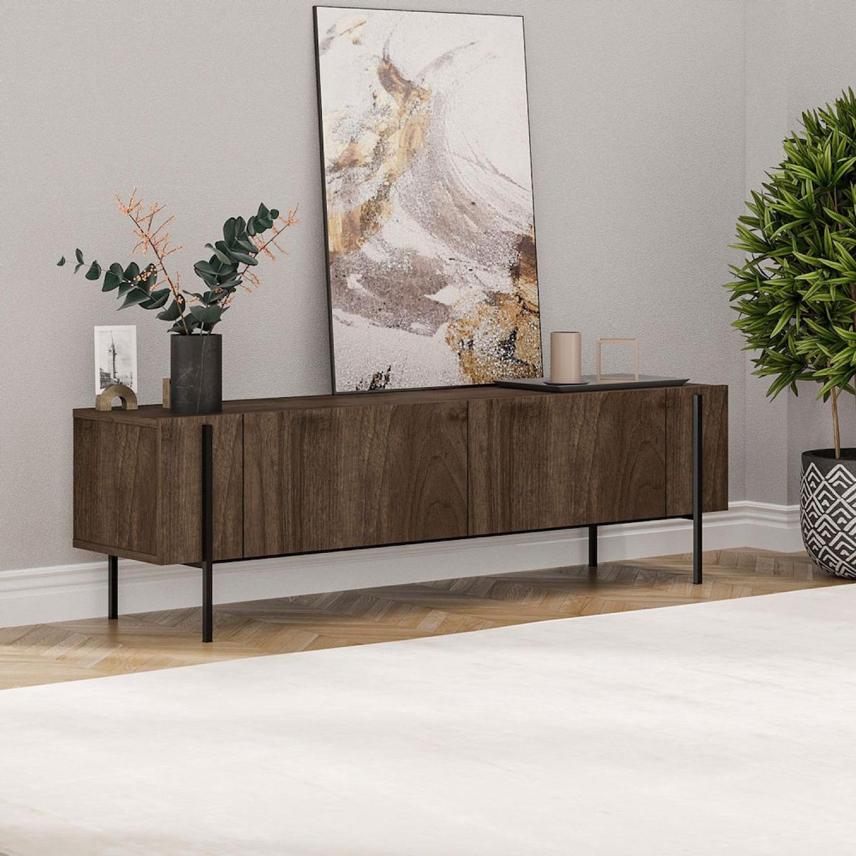 CONCEPT USINE Meuble TV avec placards aspect noyer 160cm FRENO