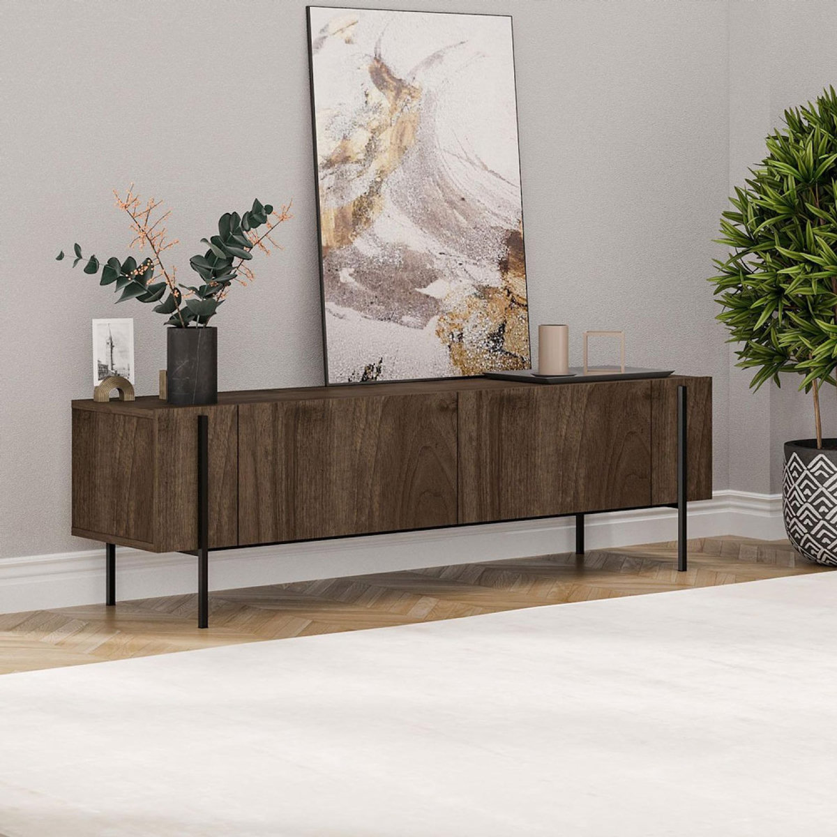 CONCEPT USINE Meuble TV avec placards aspect noyer 160cm FRENO