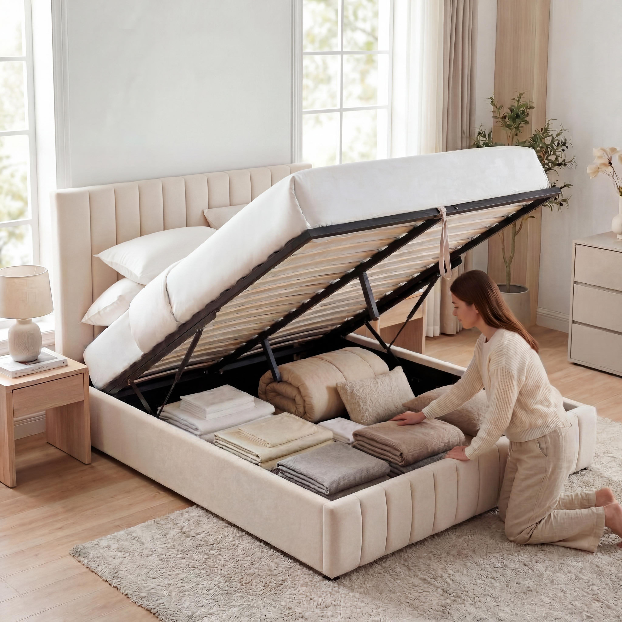 Voir la diapositive 2 : BELLECOUR Bellecour literie | lit coffre velours beige trocadero 2 places