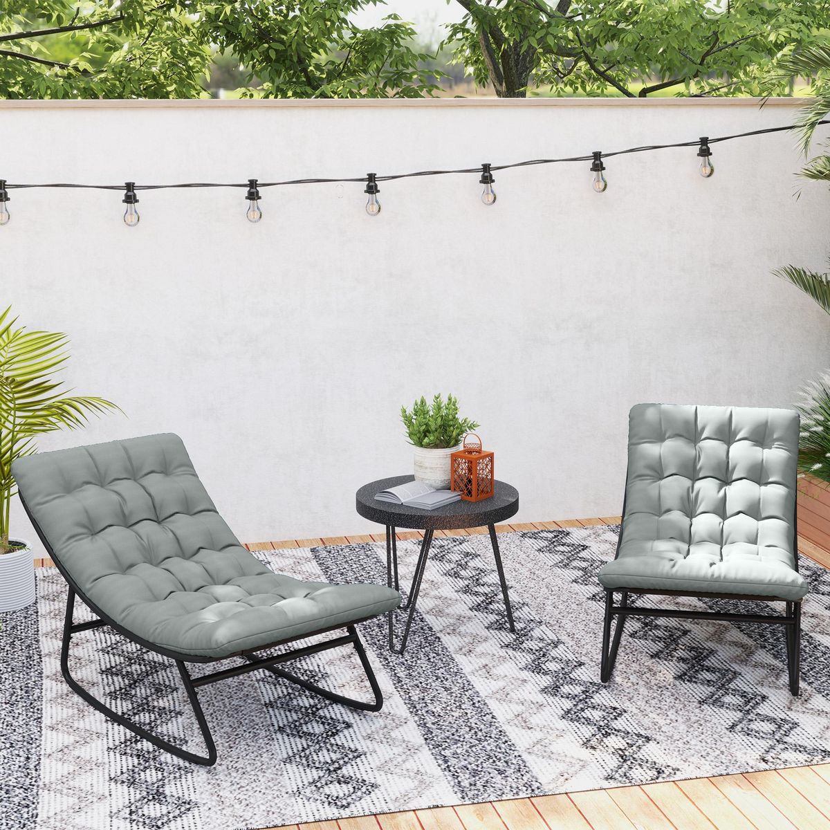 OUTSUNNY Lot de 2 fauteuils à bascule de jardin avec matelas style Chesterfield acier noir tissu gris
