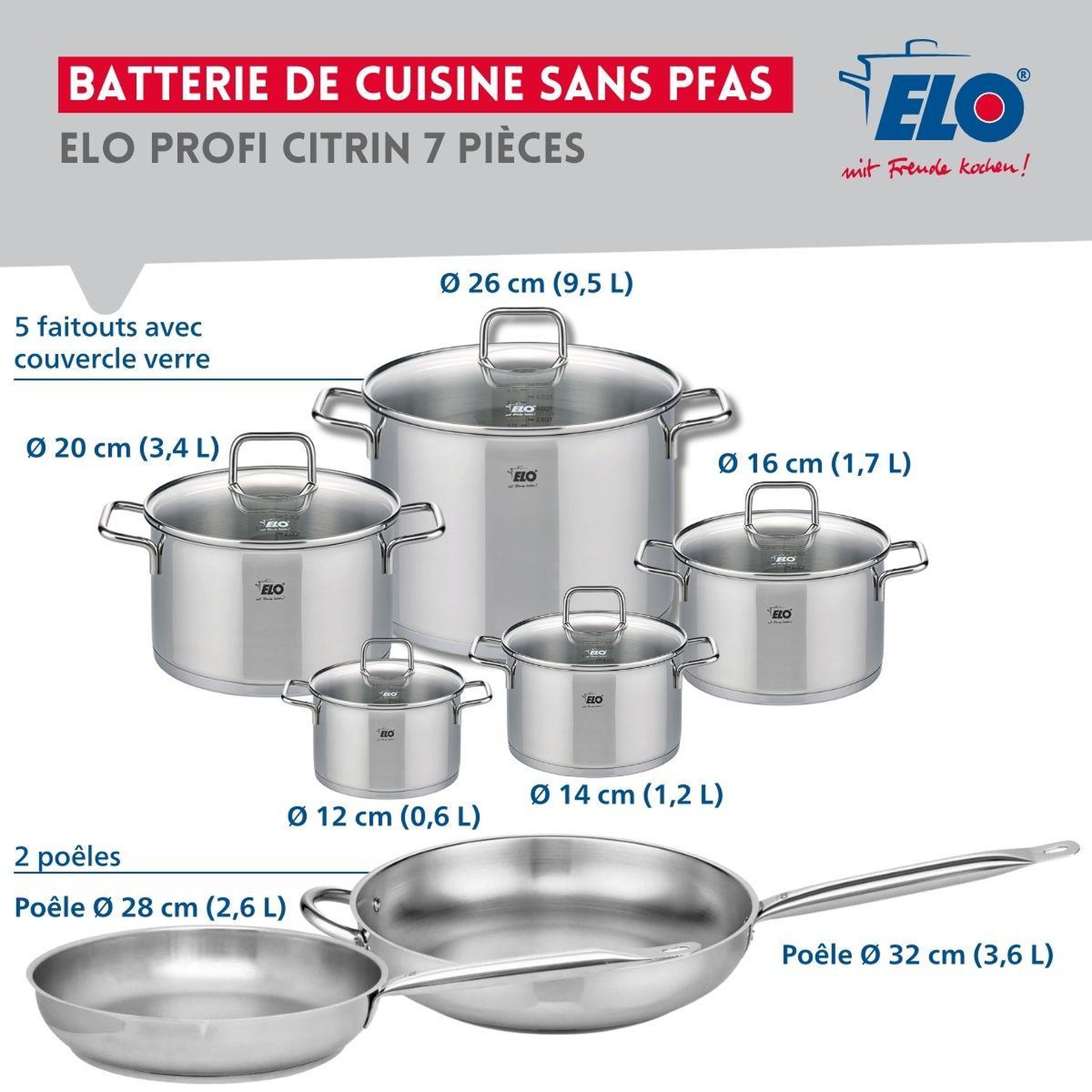 Voir la diapositive 2 : ELO Ensemble de 2 poêles de cuisson 28 et 32 cm et 5 faitouts 12, 14, 16, 20 et 26 cm elo profi citrin