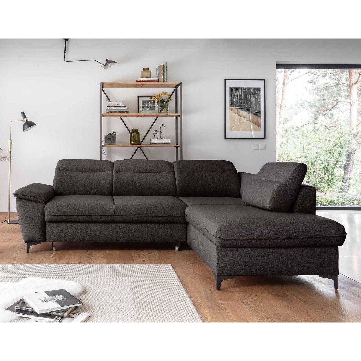 BEST MOBILIER Clever - canapé d'angle droit - 5 places - convertible avec coffre et têtières - en tissu