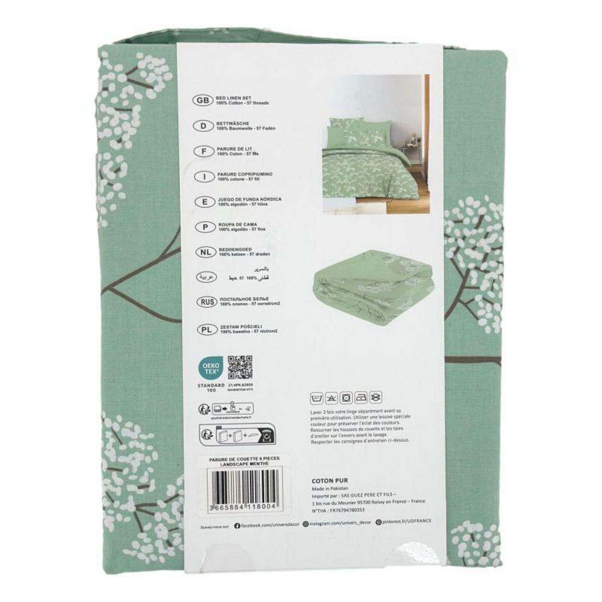 COTON PUR Pack complet housse de couette réversible pour lit 180 x 200 cm  King size  Landscape Menthe