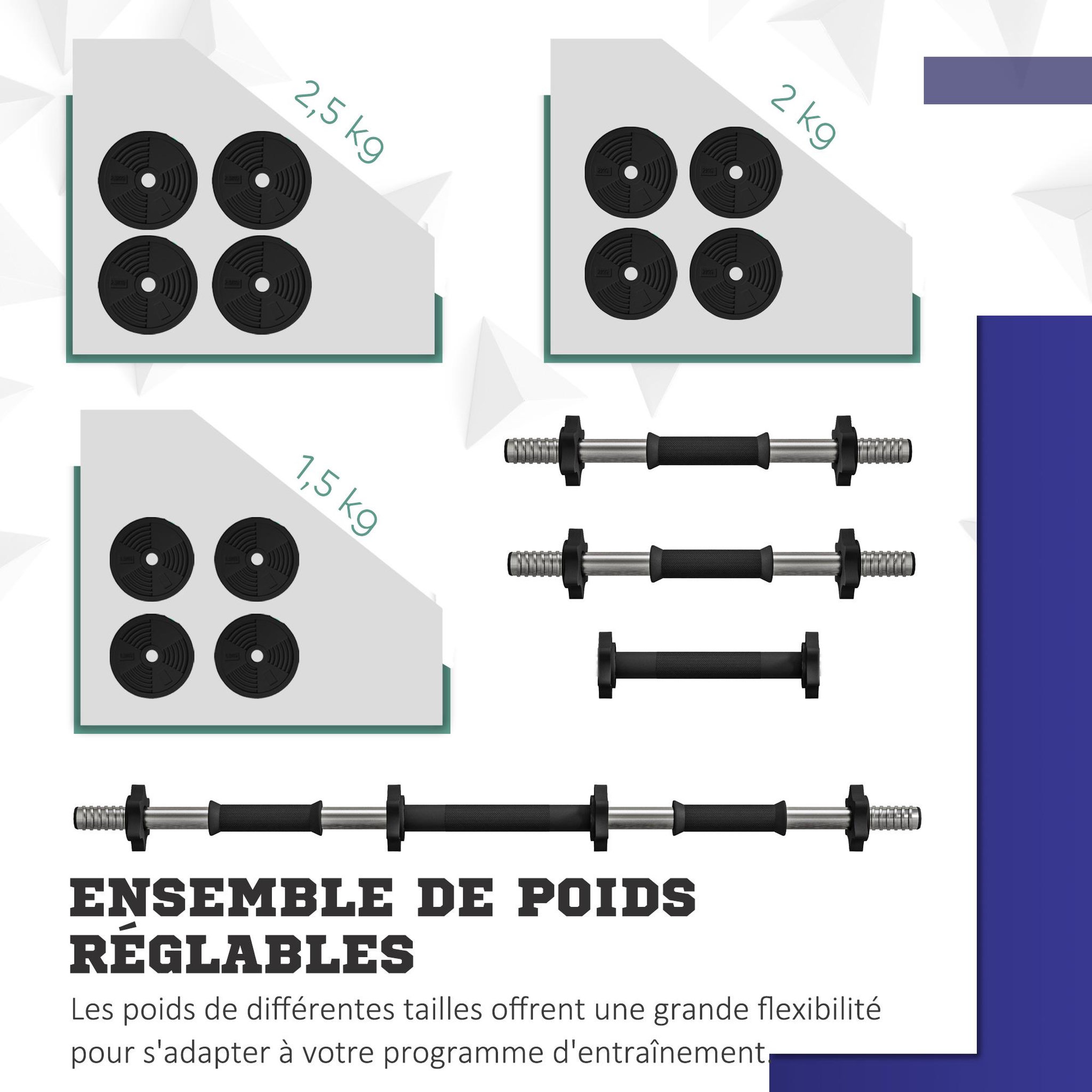 Voir la diapositive 6 : HOMCOM Haltères 2 en 1 réglables - haltères libres 25 kg - barres incluses - entraînement musculaire & haltérophilie - noir vert