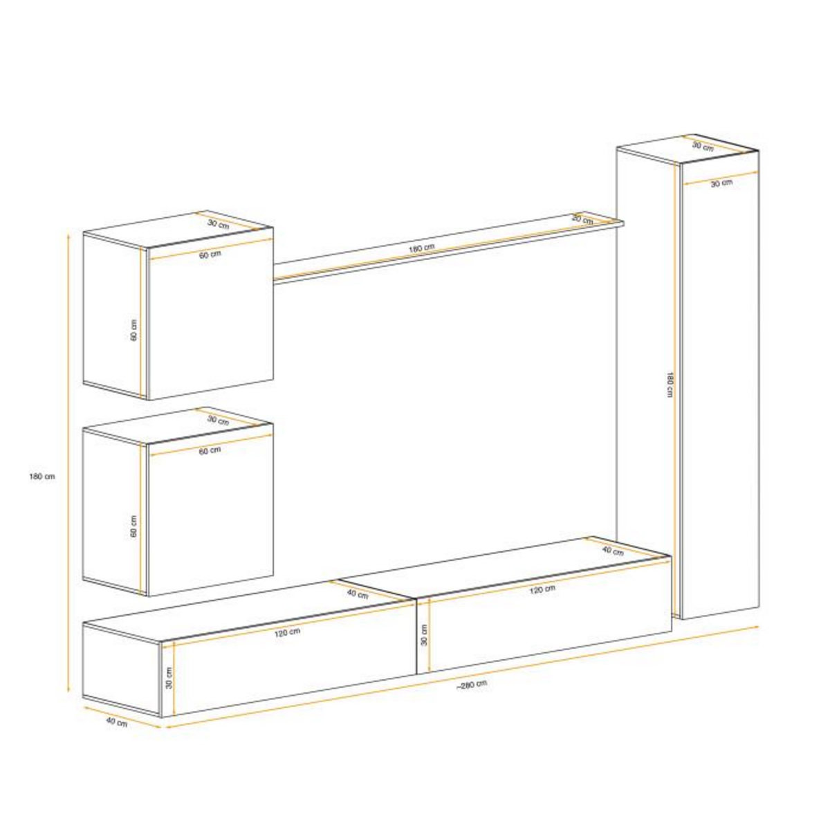 Paris Prix Meuble TV Mural Design  Switch VIII  280cm Blanc & Naturel