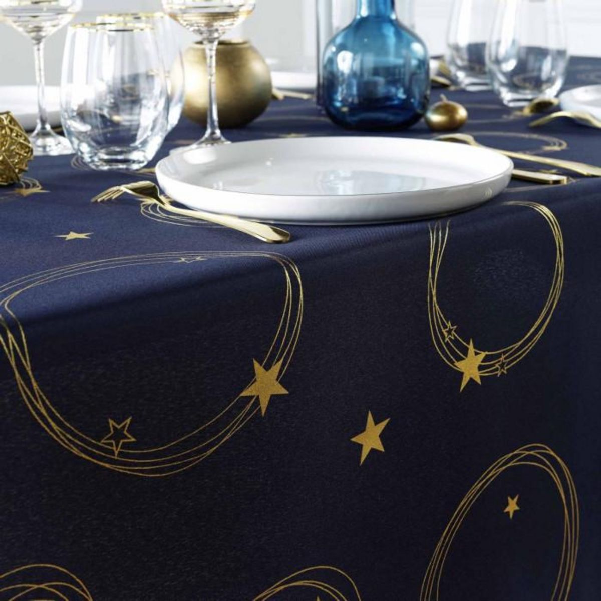Paris Prix Nappe Antitache Imprimé  Star  150x300cm Bleu Marine & Or