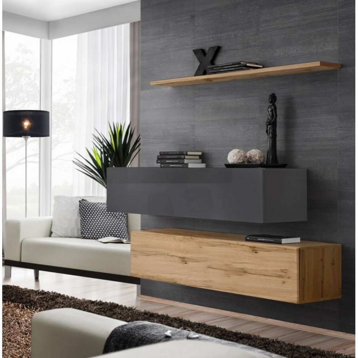 Paris Prix Lot de 2 Bancs Muraux & Étagère  Switch SBII  130cm Naturel & Gris