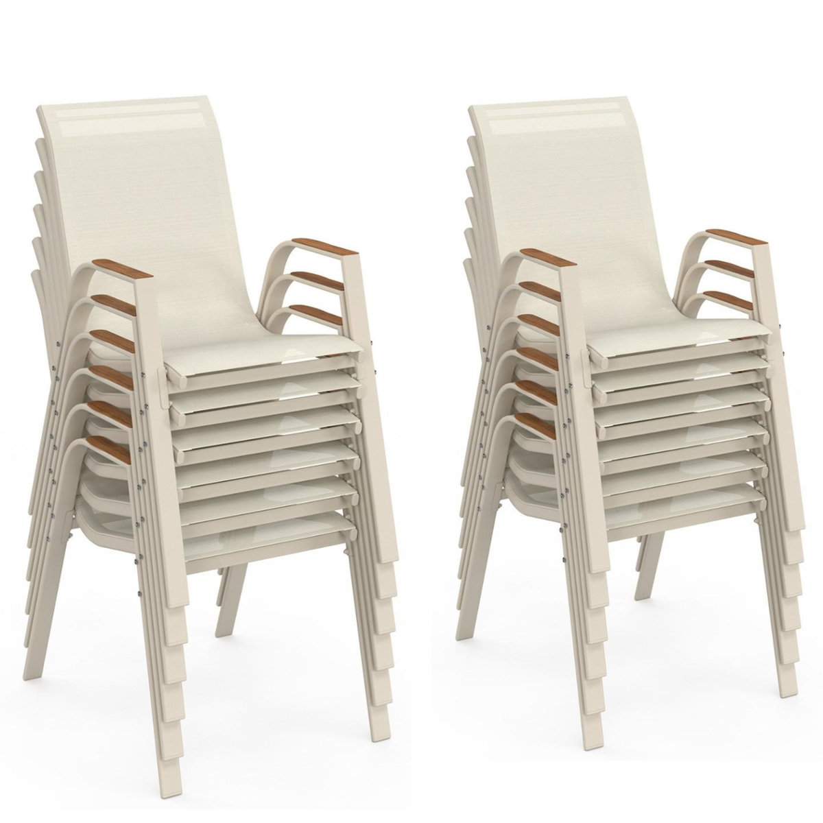 ID MARKET Salon de jardin NOUMEA table extensible 135/270 CM plateau verre trempé effet bois et 12 chaises empilables beige et bois