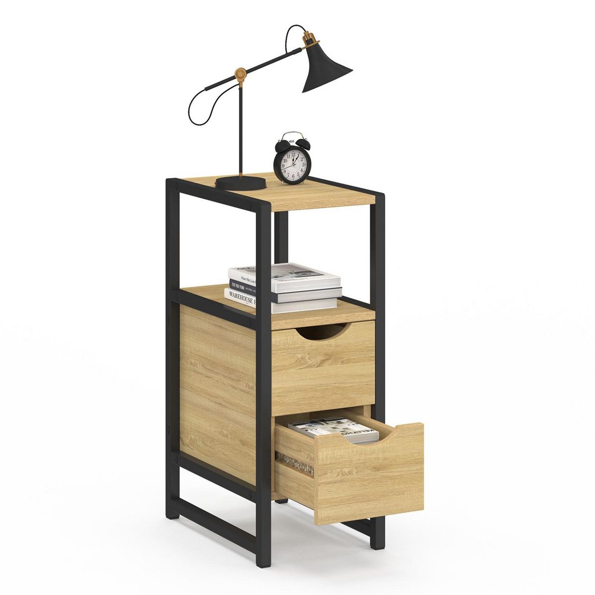 ID MARKET Lot de 2 tables de chevet DETROIT 2 tiroirs et 1 niche bois et métal noir design industriel